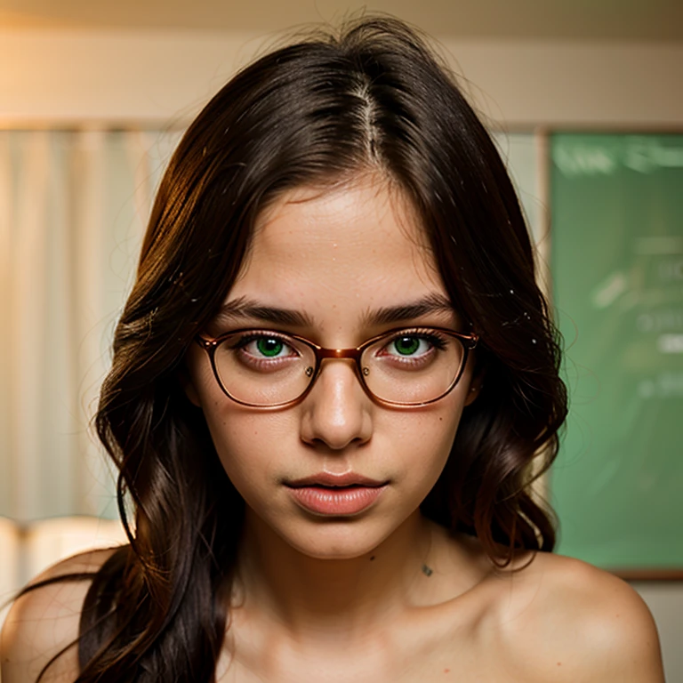 Create a hyper-realistic full body picture of a young teen 12 year old, very small , with wavy brown hair, wearing round glasses and a white pantyhose without . The woman has a fair complexion with subtle freckles, and her hair is partially tied back with a delicate headband. She is looking with a calm, she is seating,, very childish and very skinny,  spreading legs towards camera showing her . The background features a richly decorated library with wooden bookshelves filled with books, some with gilded spines, and a warm, ambient light. There is also a brass lamp with intricate details on the desk beside her. The overall atmosphere should be cozy and intellectual, with a focus on capturing the fine details and textures in both the woman's appearance and the library setting, covered in ,  on face.