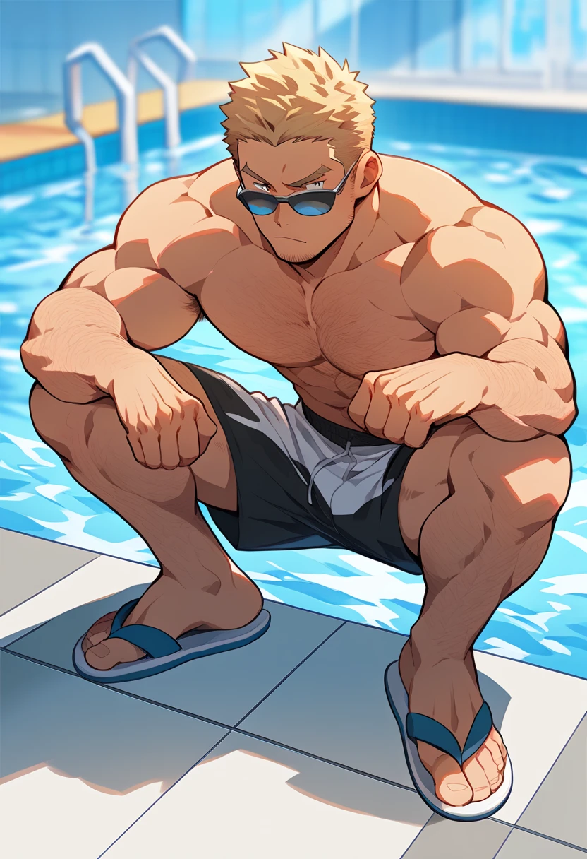 Best quality, masterpiece, ultra high res, detailed background, realistic, solo, male, wearing a clear glasses, mature, bara, muscular, short hair, facial hair, shirtless outfit, tight briefs, school, full body, shirtless outfit, swimming athlete, swimming pool, sports, thick thighs, light smile