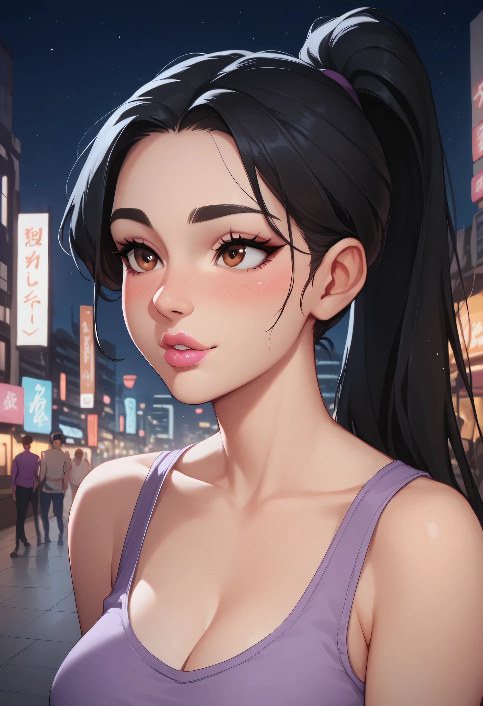 (perfect face), (black hair, very long ponytail), black thin eyebrows, brown eyes, black eyeliners, nose, blushing, normal lips, pink lips, lips parted, collarbone, cleavage, medium breasts, purple tank top, beautiful face, beautiful city, japanese in city, night sky