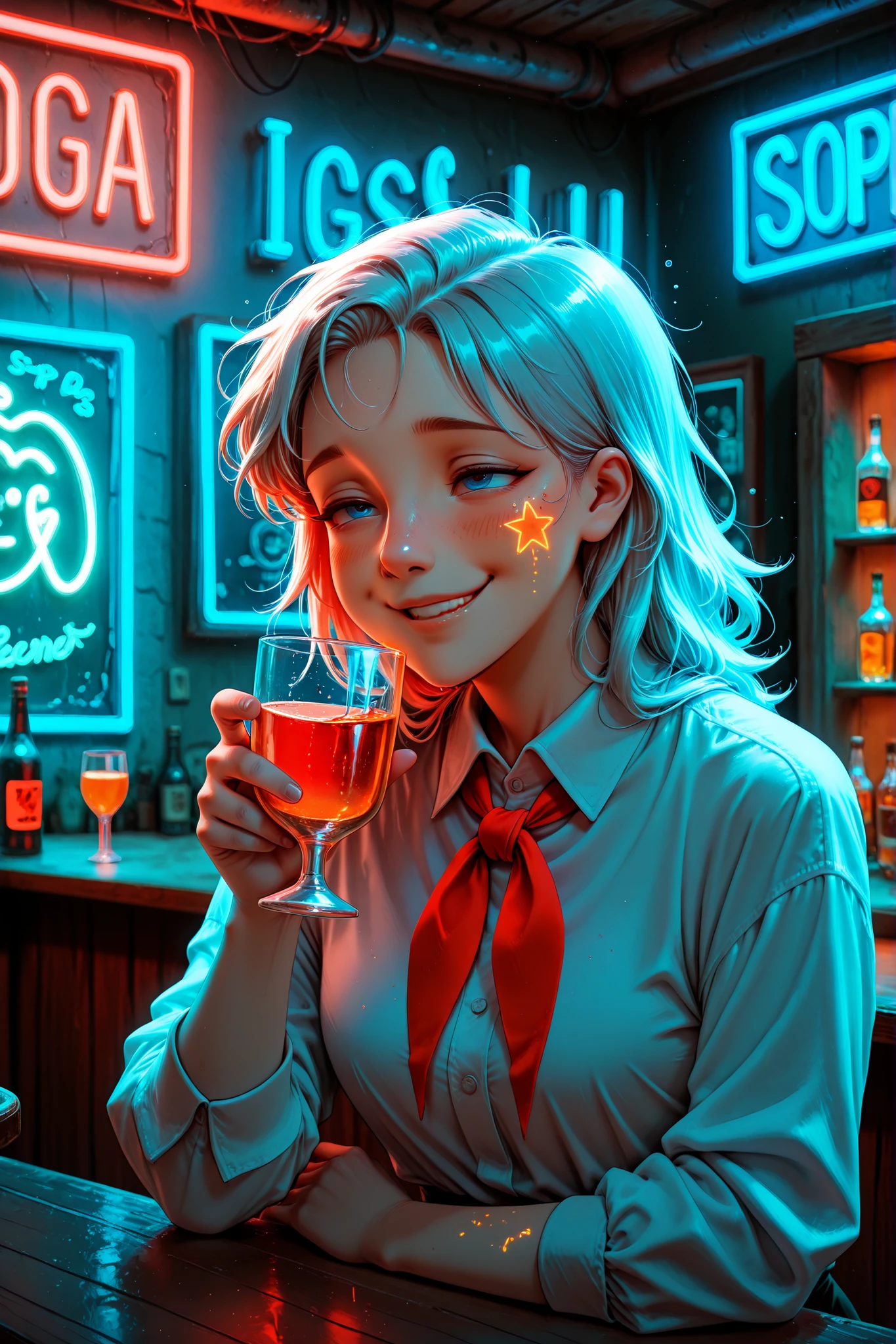 monroesweet,USSR Pioneer,red neckerchief,white shirt,collared shirt,ruanyi1098,bar , neon lights, score_9, score_8_up, score_7_up, 1girl, neon light reflections on skin, neon lights background, low light, bar, drinking, tall classy glass, blue and greeen florescent liquid, depth of field, highly detailed, high contrast, film grain, Rim Lighting, long Exposure, drunk smile, drunk girl, light hair, blue eyes, short disheveled hair, accurate snub nose
