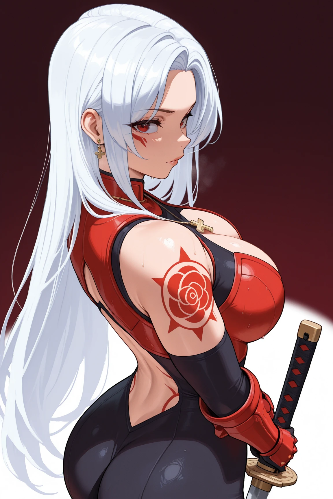 ((1woman)) Whole body, standing, gray skin, drow, elf, 1 girl, maduro, purple eyes, by white, black bikini, ABS, Large knockers, tattered rags, chain collar, stomach tattoo (red tattoo)