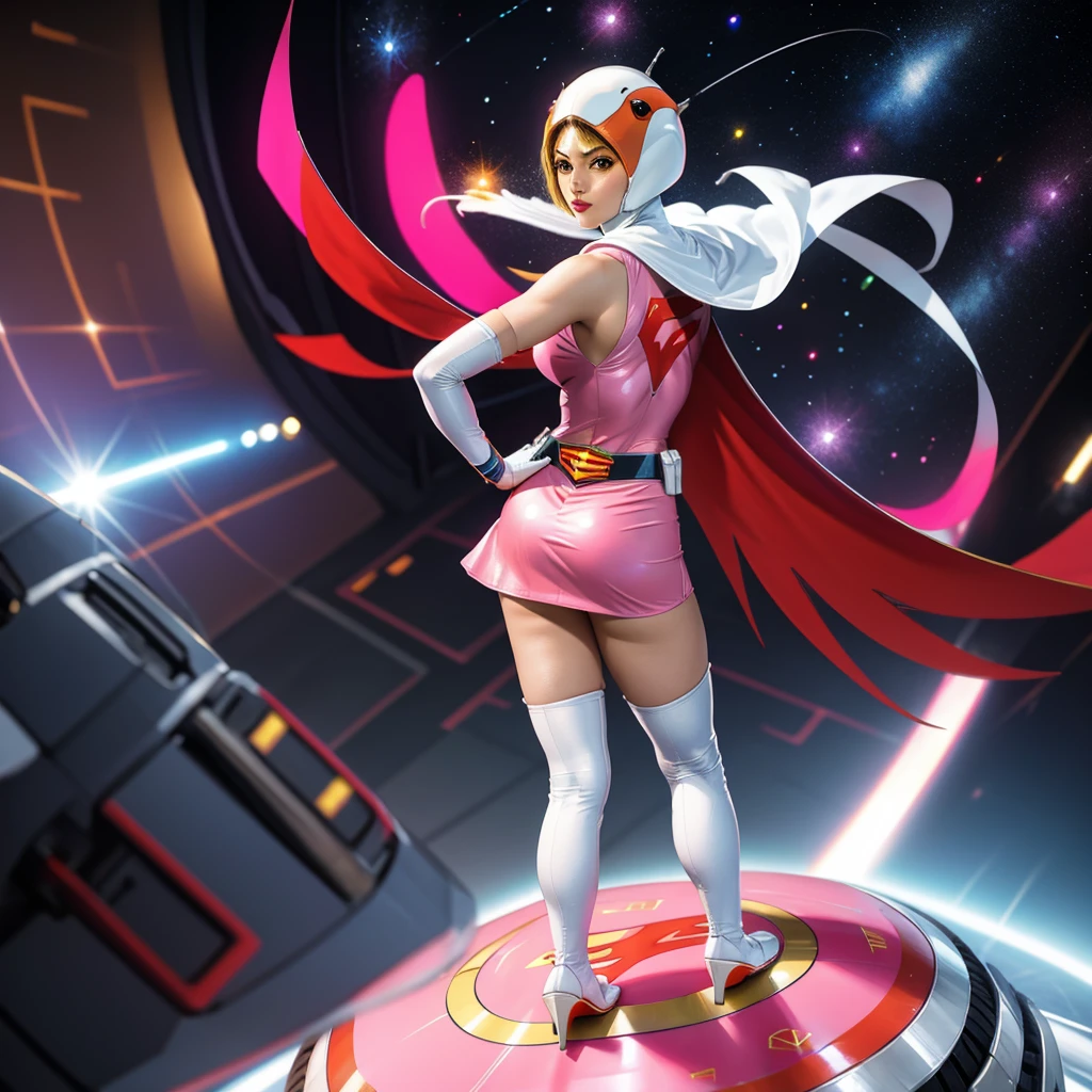 ANI_CLASSIC_jun_gatchaman_ownwaifu,1girl, 15yo,good anatomy, masterpiece, best quality,realistic, hyper realistic, 16k hdr, long hair,breasts,lips,large breasts,lipstick,makeup,gloves,cape,helmet,belt,elbow gloves,white gloves,mask,ultra miniskirt,leotard,spacesuit,white tight overknee highheels boots,pink dress,superhero,bodysuit,cleavage,erected nipples,(jumping poses),cameltoe
