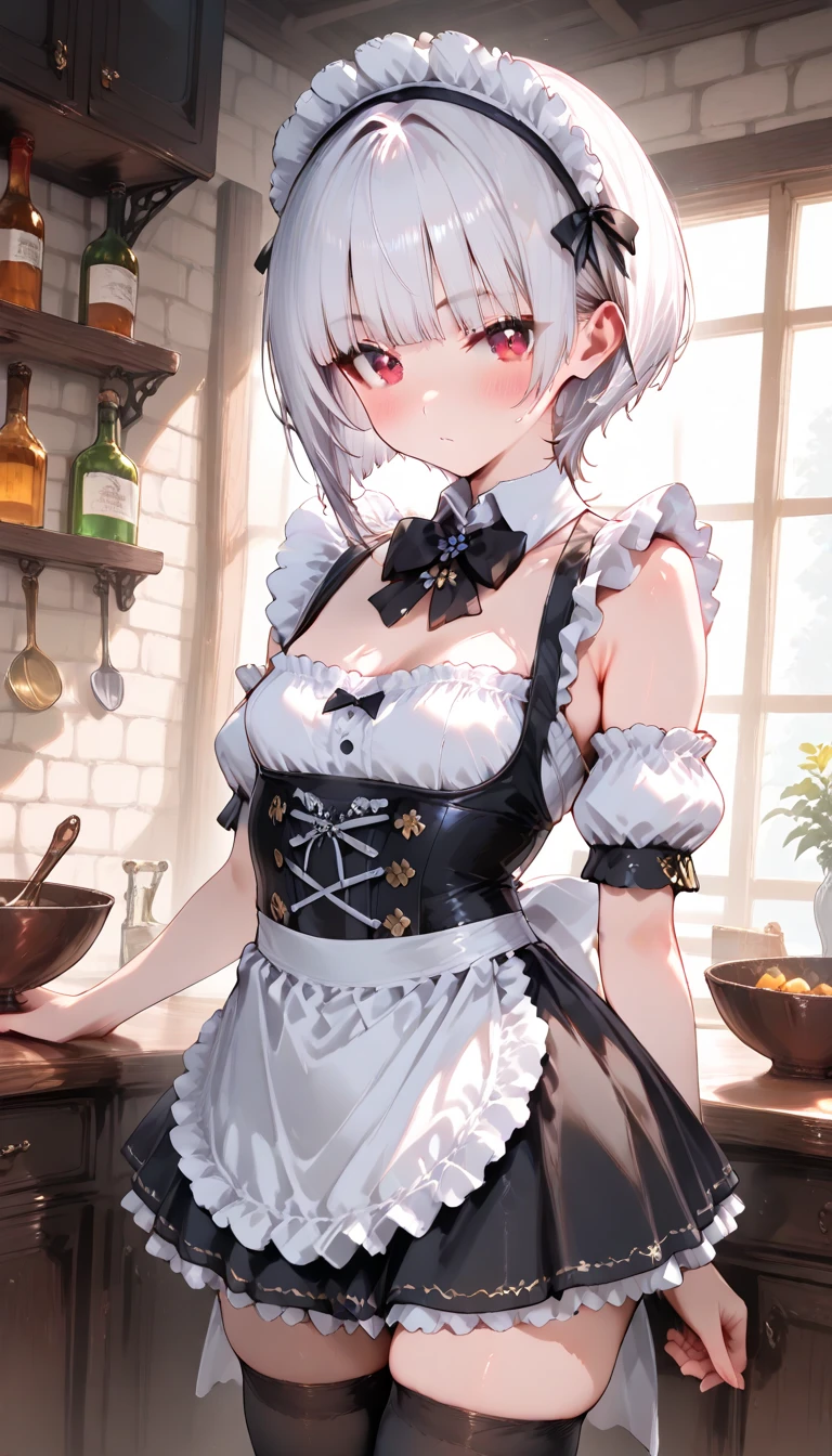 (masterpiece, best quality), 1girl, <lora:LoRA_Sirius:1> SiriusMaidDef, red eyes, white hair, short hair, bangs, large breasts, hair between eyes, hairband, lace-trimmed hairband, anchor choker, choker,, breasts, frills, maid, thighhighs, dress, cleavage, collarbone, short sleeves, frills, shoes, apron, waist apron, white apron, puffy sleeves, white sleeves, red ribbon, white dress, frilled apron, black dress, white thighhighs, puffy short sleeves, lace trim, sirius (azur lane)