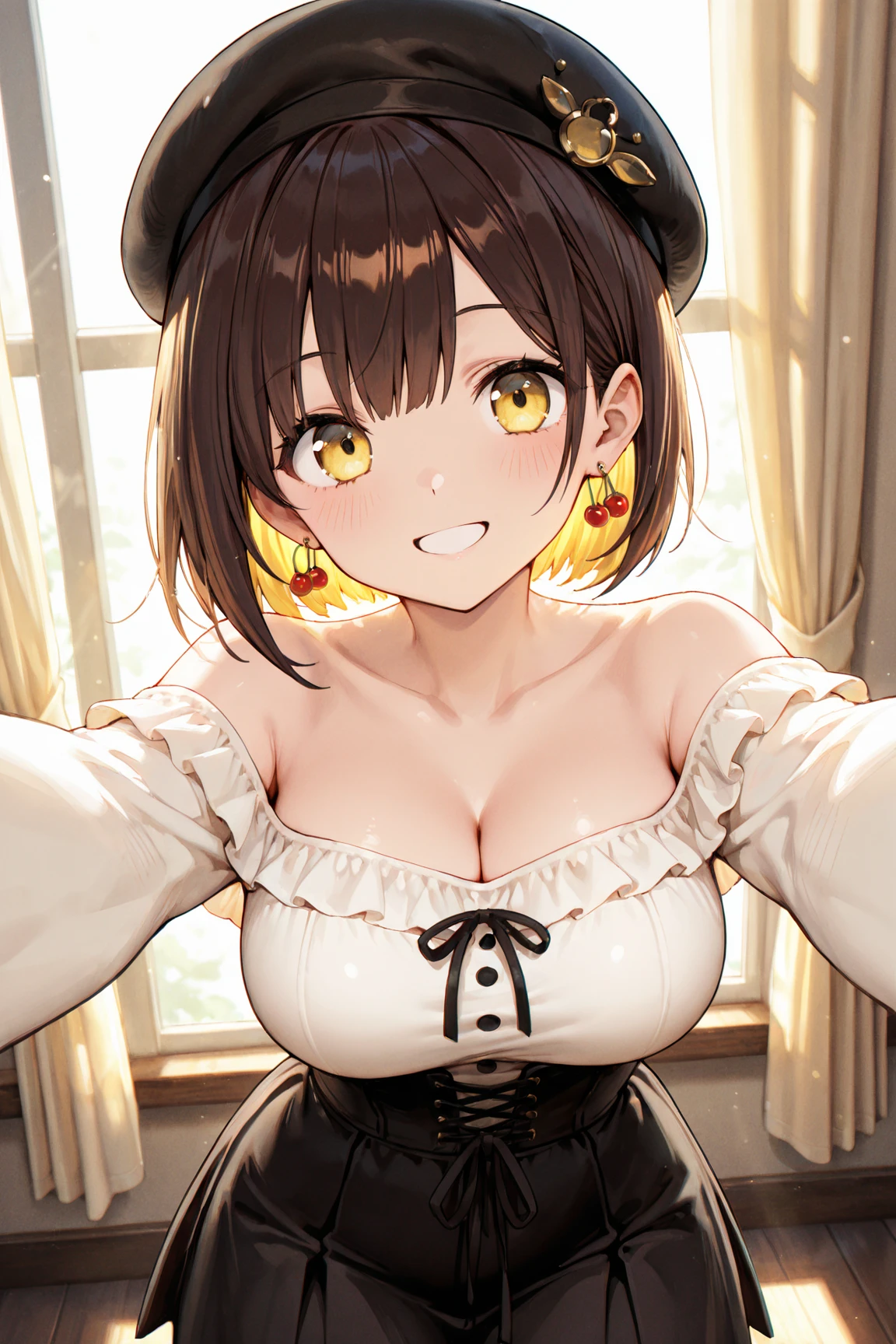 masterpiece, best quality, 1 woman, detailed beautiful face, ((nsfw)), laughing, (hearts around the girl), vagina, sex on the bed, brown hair, (short hair), French braid, white blouse, (sleeveless yellow jacket), black ribbon on head,