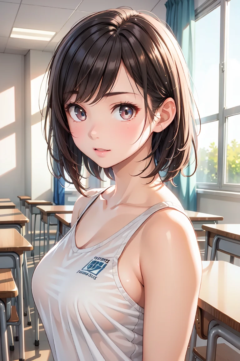 (masterpiece,best quality,high quality,ultra detailed,extremely detailed,ultra high res,best aesthetic,8k),,(cowboy shot),(teenage,beautiful girl,cute girl),(beautiful black eyes,black hair,short hair),(tall,long legs),(nose blush),((crossed legs,arms up behind)),(((saggy breasts,big aleolae))),((nudity,breasts out)),(school swimsuit),(school classroom)
