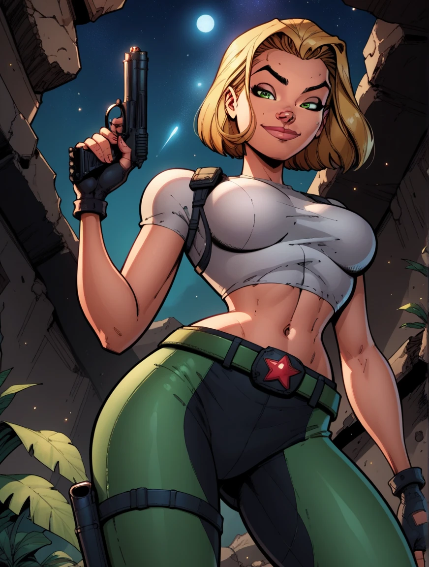 Comic book style, mid upshot of android 18 posing in front of an abandoned building, flat colors, black line art, wearing (loose tshirt crop top), (underboob visible:1.1) [undershirt:blue:0.1], cargo pants, looking confident, looking serious, looking off into distance, detailed face, [destroyed vehicles:0.2]