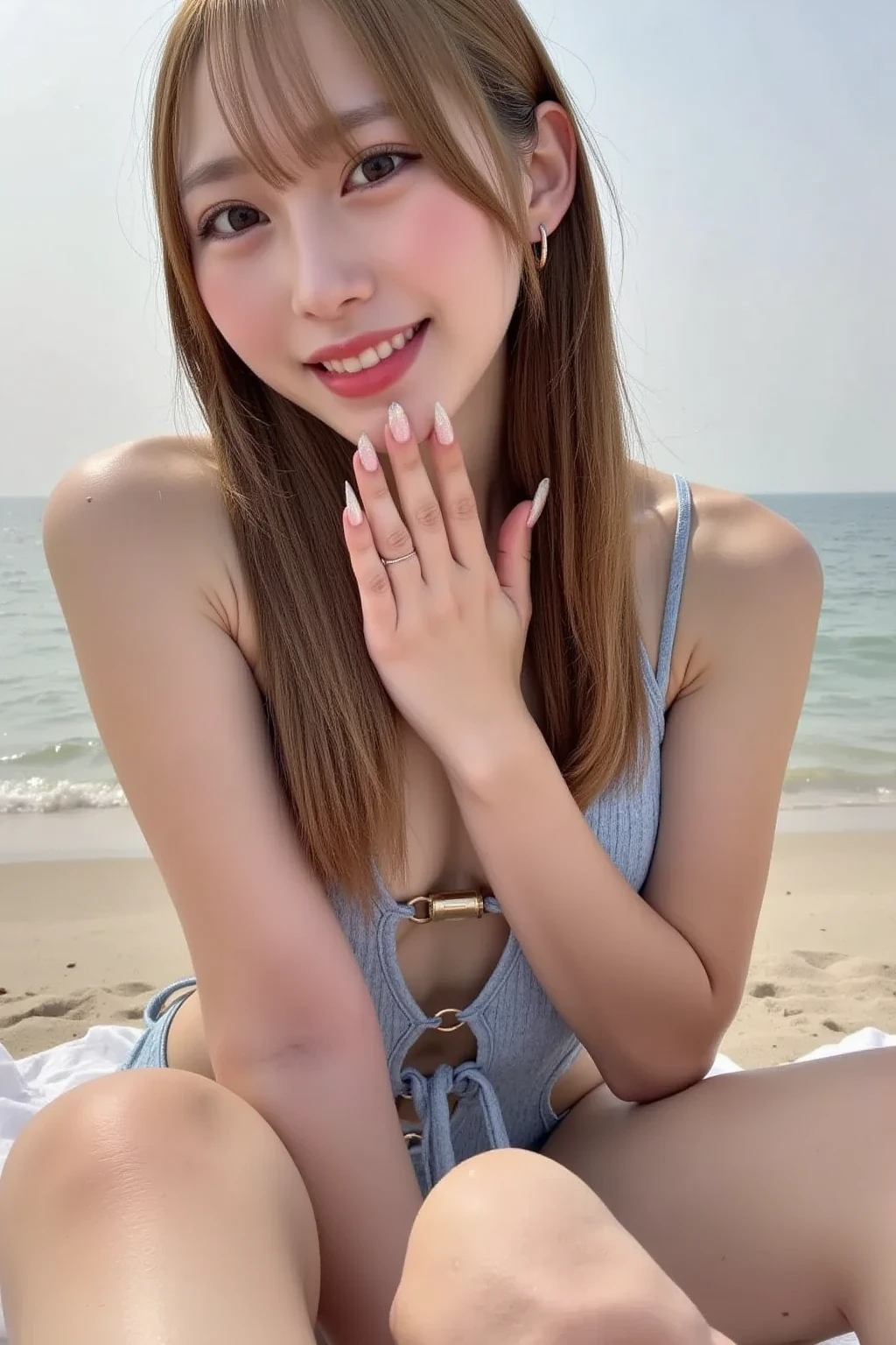 top-quality、masterpiece、solo、a beautiful Japanese 、sixteen years old、(nudity:1.3)、Happy smiling face、((looking at the viewers))、Blushing、cowboy shot, (on banana boat), spread legs