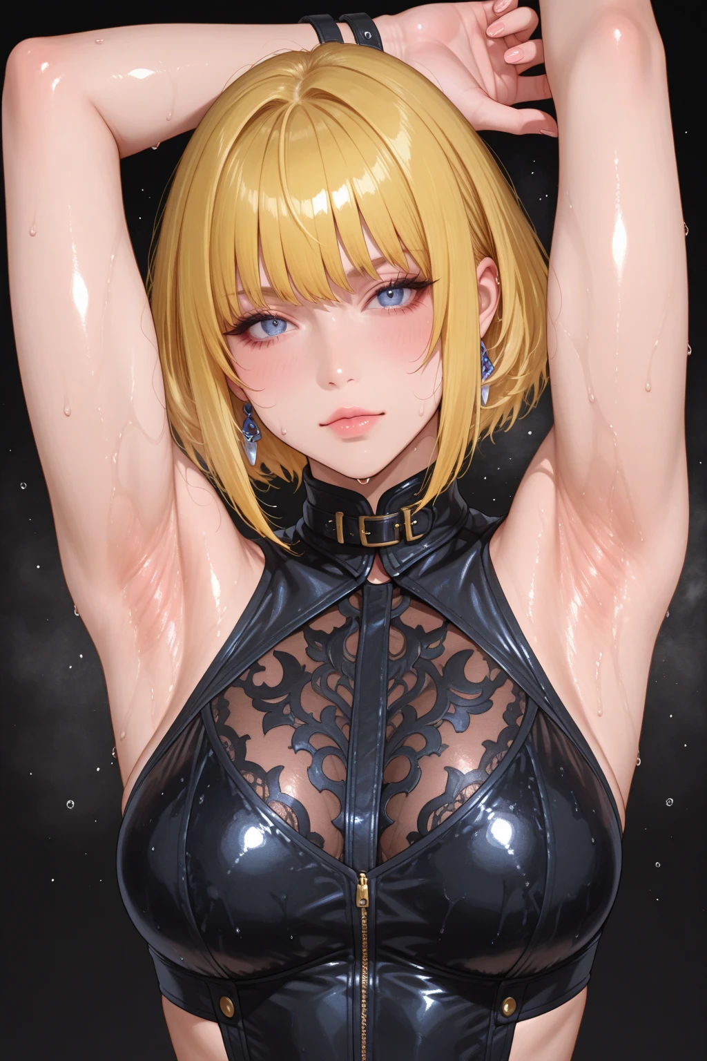 Traditional Media:1.2), (2D:1.2), (Center:1.3), Illustration, (((masutepiece))), (((16 year old girl))), (((From above))), sit a chair, Blonde hair, hight resolution, absurderes, White background, No bra, Photorealistic, Lifelike, steamy, Blushing, Sleeveless, zora々appearance, (((Embarrassed look))), Lip gloss, (((Armpits))), (((Looking at Viewer))), (((Bare skin))), ((Medium chest)), Correct anatomy, Perfect face, Detailed eyes, Leaking, gushing, Pouring, gushing, (((Choker))), thighs thighs thighs thighs, mascara, Fair skin, Beautiful, Hairless genitalia