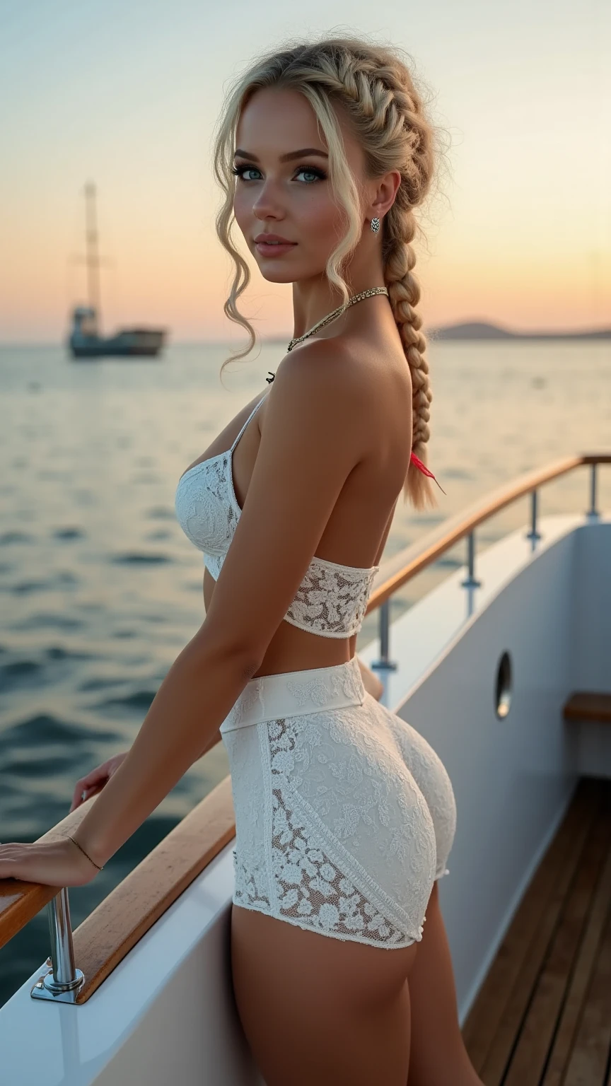 processional, (Photo 4K:1.1) (mise au point nette:1.3), High detail, Porter (Chemise moulante:1.2), beautifull detailed face, An attractive woman, with long red hair, sitting on a boat, looks at the camera, resembling actress Rachelle Lefevre, Panasonic Lumix S Pro 50mm F/1.4, , photo realist, (attractive young woman:1.3), (Seductive:1.1), (rougissant:1.1),