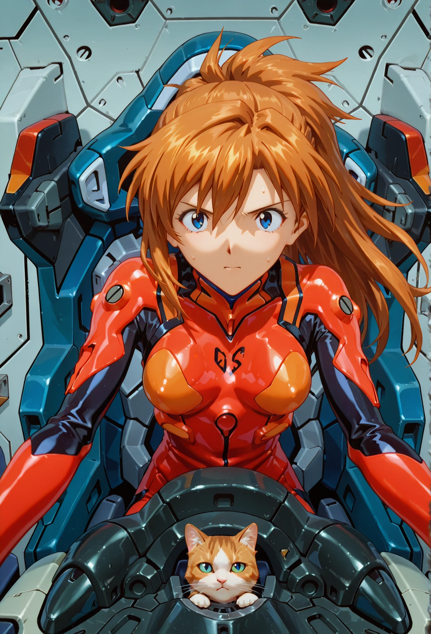 ((masterpiece,best quality, detailed)), from above, evil smile, full body, ??????????, hands on ????, souryuu asuka langley, interface headset, heterochromia, rainbow order, white ????????
