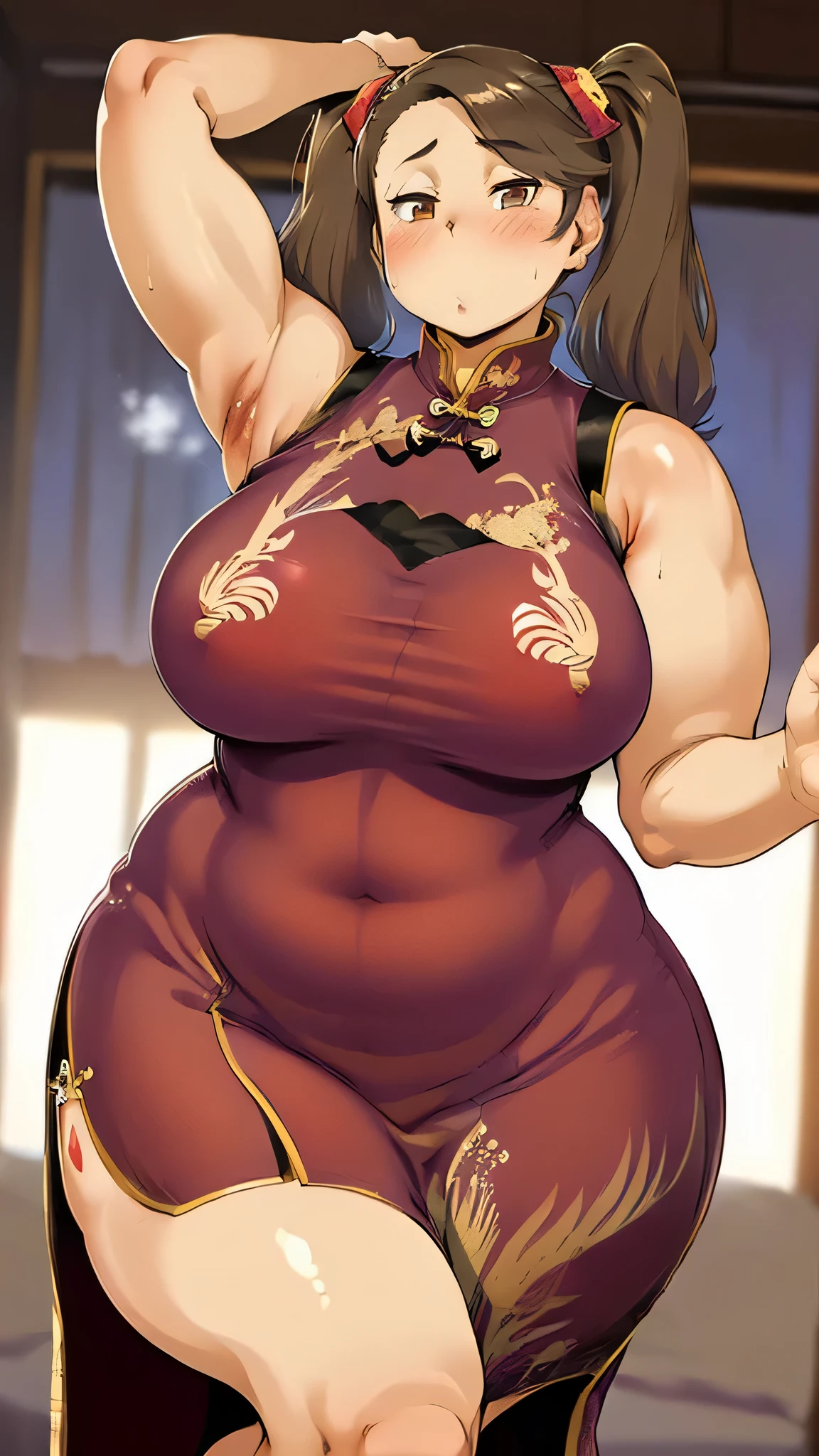 woman in long china dress ((from the front)),(Anime:1.0)brown hair,bangs flowing sideways,light brown eyes,(twin tail:1.3),  medium hair in a narrow vagina,curvy body((from the front)),, Attractive Appearance(()),  smooth and thick thighs  ,( chubby:1.4),sweat,Steam,  wide torso  ,spread your legs.Big Ass.Wide body.(muscular body:1.5),(are blushing:1.2),(Wide body:1.8),(wide hips:1.7),(Long china dress:1.8),(sleeveless:1.5),( big body :1.8),(armpit hair:1.3)