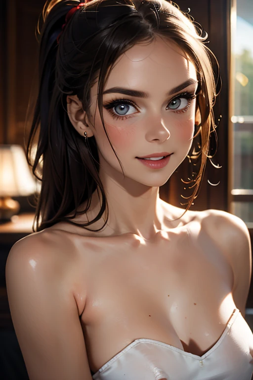 ((high resolution)), athletic, defined muscles, ((pale skin)), freckled, brunette, Emma Watson, long curly hair with bangs, ((large breasts)), naked, as a fantasy princess, tiara