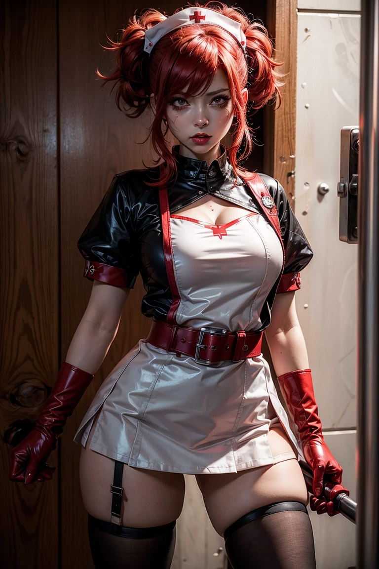 Photorealistic, high resolution, 1womanl, Solo, Hips up, view the viewer, (Detailed face),Red hair, Long hair, Nurse outfit, Stockings，Snow background, Girl aiming AK-47 assault rifle