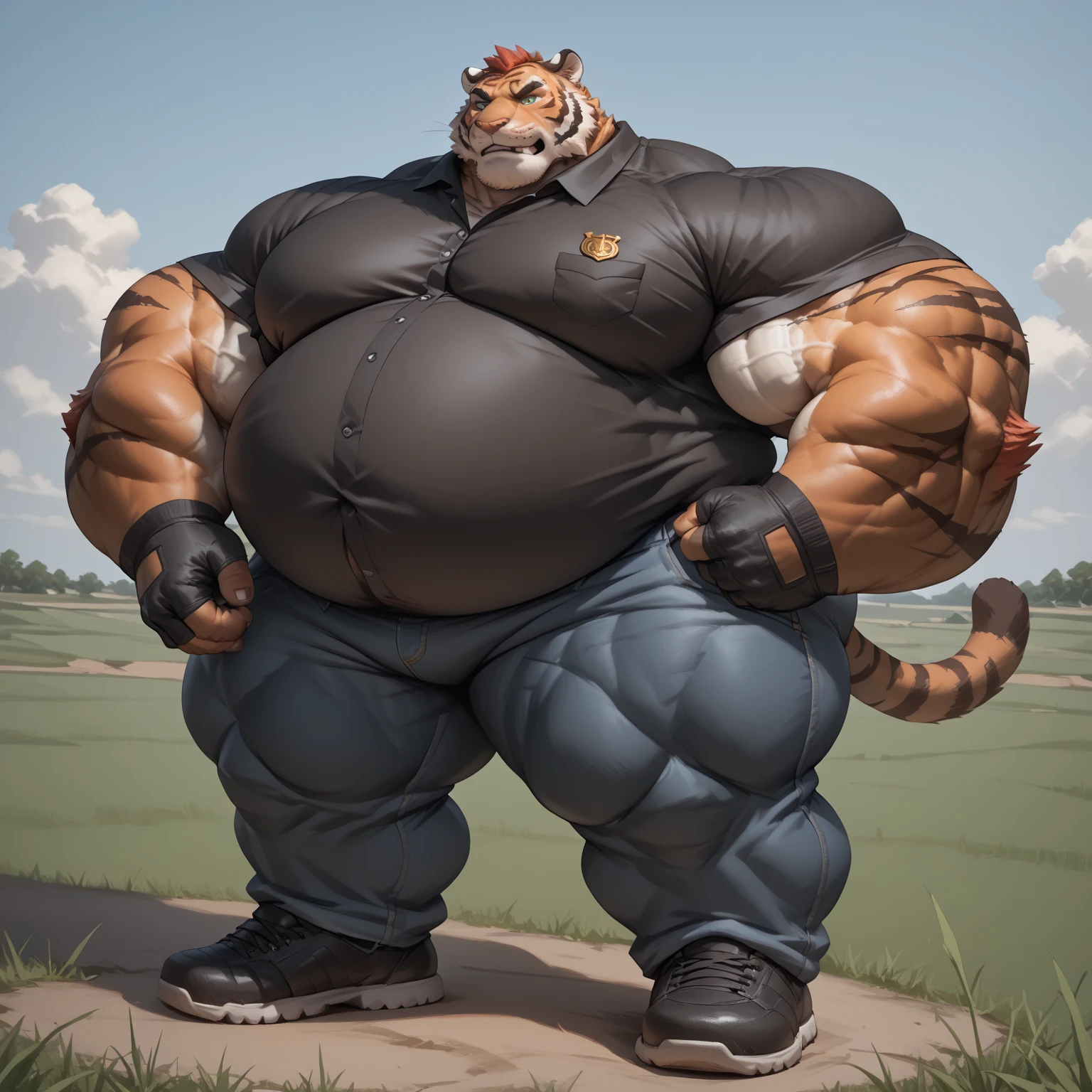 4k ultra quality, 4k half body view,ultra high detailed body,feral (tiger),wide body,charming body,chubby body,chubby face,shiny fur, big belly, (round belly), hyper belly, enormous belly, enormous body,by mystikfox61, by glitter trap boy, by bebebebebe,by morethreedee, by seibear,(thick thigh),(chubby thigh),thicc thigh,thick legs,chubby legs,thicc legs,enomorous thigh,massive thigh,massive legs,(detailed thigh),(wide thigh),thick butt,sharp nails,(detailed face),bloated belly,enomorous thigh,detailed paws,thick paws,chubby paws,(loose shirt),feral legs,(loose shorts),tight bulge,tired,fat,(macro)
,ultra bigger penis,thick penis,long penis,(detailed bulge),standing on street,crowded,((hyper penis, hyper balls, huge penis, huge balls, huge chode)),(embarrassed face),(back view)