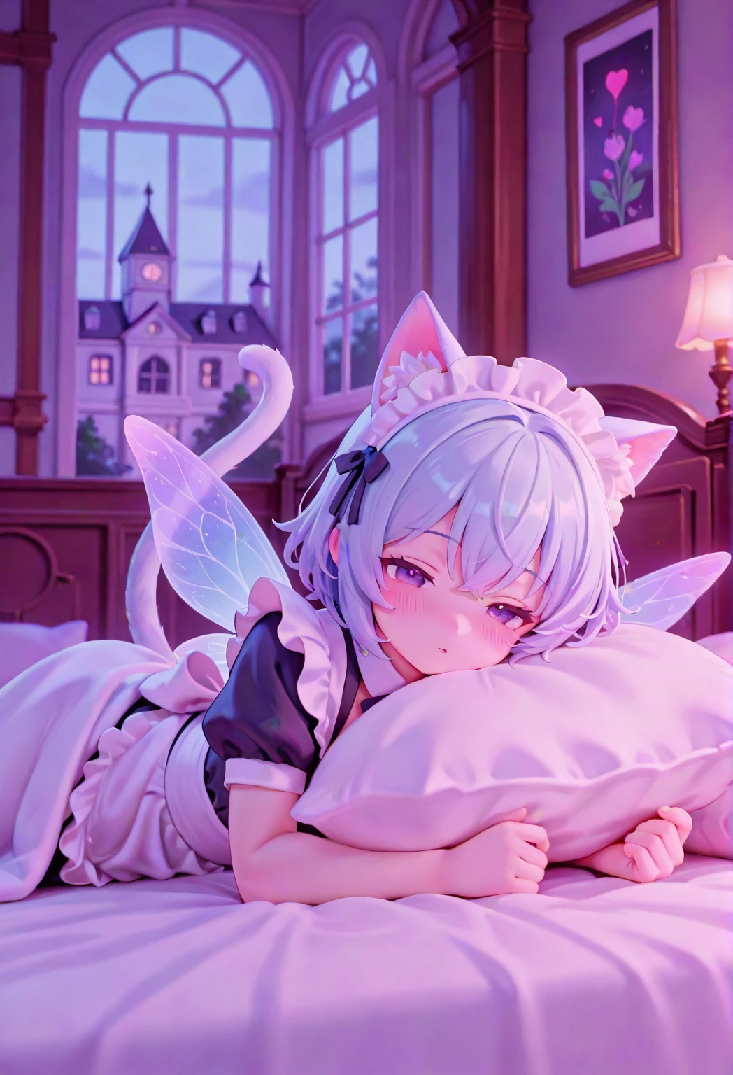 anime girl, maid outfit, Sleeping, cat ears, wear round glasses, dark brown hair, black and white winged