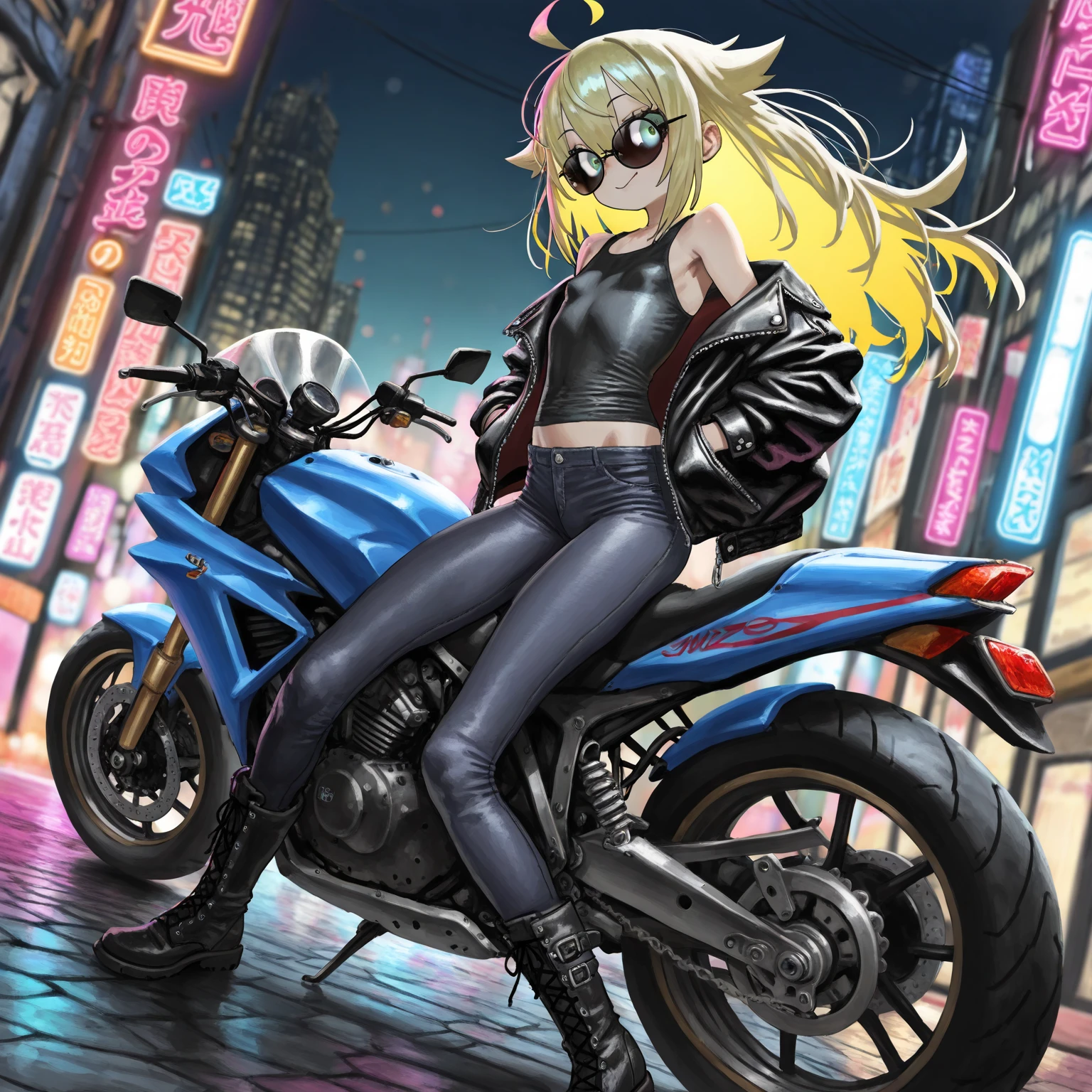 original_outfits,1girl,solo,ground_vehicle, motor_vehicle, motorcycle,pale-skinned_female, long_hair,boots, pants, navel, crop_top, on_motorcycle, jacket, logo,gloves, floating_hair,earrings, off_shoulder, open_jacket, midriff, black_footwear, multicolored_hair, bare_shoulders, helmet_removed, open_clothes, cross_earrings, sleeveless, jewelry, bangs, long_sleeves,
<lora:gyokai:1> <lora:arknightsLappland_v20:1>