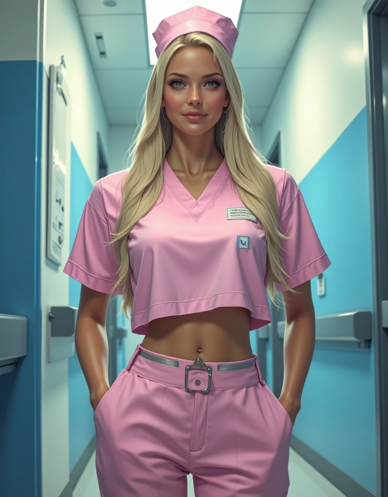 hyperrealism, (photorealistic:1.2), (film grain:1.3), masterpiece, best quality, perfect detail, cinematic lighting, professional photo, realistic photo, raw photo, charming nurse, blonde, fitness figure, medical gown, (nurse uniform:1.3), posing in the hospital,