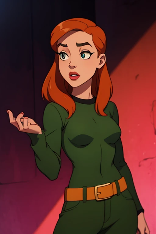 pov, Sam, totally spies, sitting, inside a train, skirt, bare shoulders, orange hair, green eyes, blushing, hairy penis, foreskin, crossed legs, man, dick flash, fellatio gesture