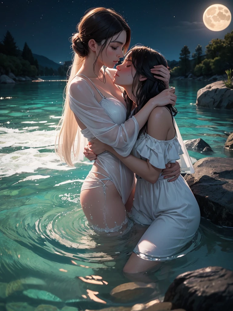 Two scandinavian women sitting in the water, girls, shapely, layered clothing, (long sleeved shirt), (vest), (denim pants), colorful clothes, glistening wet, clinging, closeup fantasy with water magic, beautiful maidens, lesbian, looking at each other, happy, smiling, leaning in, touching, lips touching, breast touching, excited, realistic oil painting, dripping wet, in water up to their shoulders, beautiful realistic photo, nymph in the water, hyperrealist portrait in a river, hyperrealistic fantasy photo, splashing, realistic fantasy painting, cute shot, narrow depth of field, 8k, ((drenched)), ((soaked)), ((dripping water)), dripping oil, heavy clothes, soaked in oil, wet all over, wet dripping hair, varied poses, wet hair, see through, nsfw