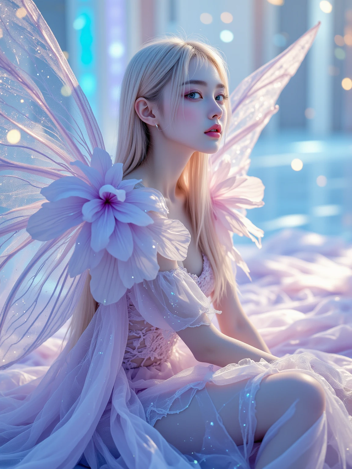 blond woman in 핑크빛 옷 holding a flower in her hand, dressed in a pink outfit, wearing an organza gown,  wearing ballroom gowns,  Stylish editorial photography, official valentino editorial, translucent dress, Subtle and dreamy, celestial fairy tale, very subtle, dreamy and heavenly,lots of merlot, official dior editorial, 1 woman,