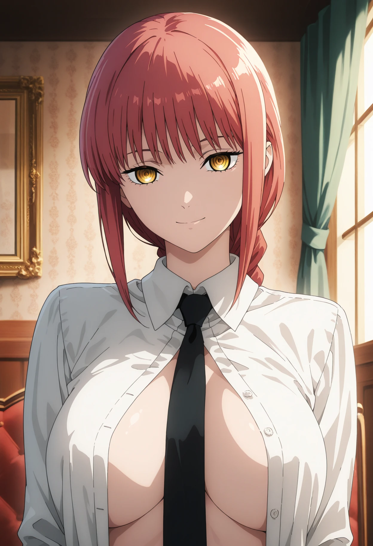 source_anime, ambient light , 
Makima, long hair,  Braided Ponytail ,red hair, detailed gold eyes, hair between eyes,(( perfect eyes )), Perfect face, expressive eyes, close up face,
((undress open shirt)), nipples ,,pants, ((wet body)),  
indoors, bed, realistic bed room, ((sexy pose,shackles)), (missionary position), 
cowboy shot, looking at viewer, solo, dutch angle, medium breast, open mouth, in panties, black pants,