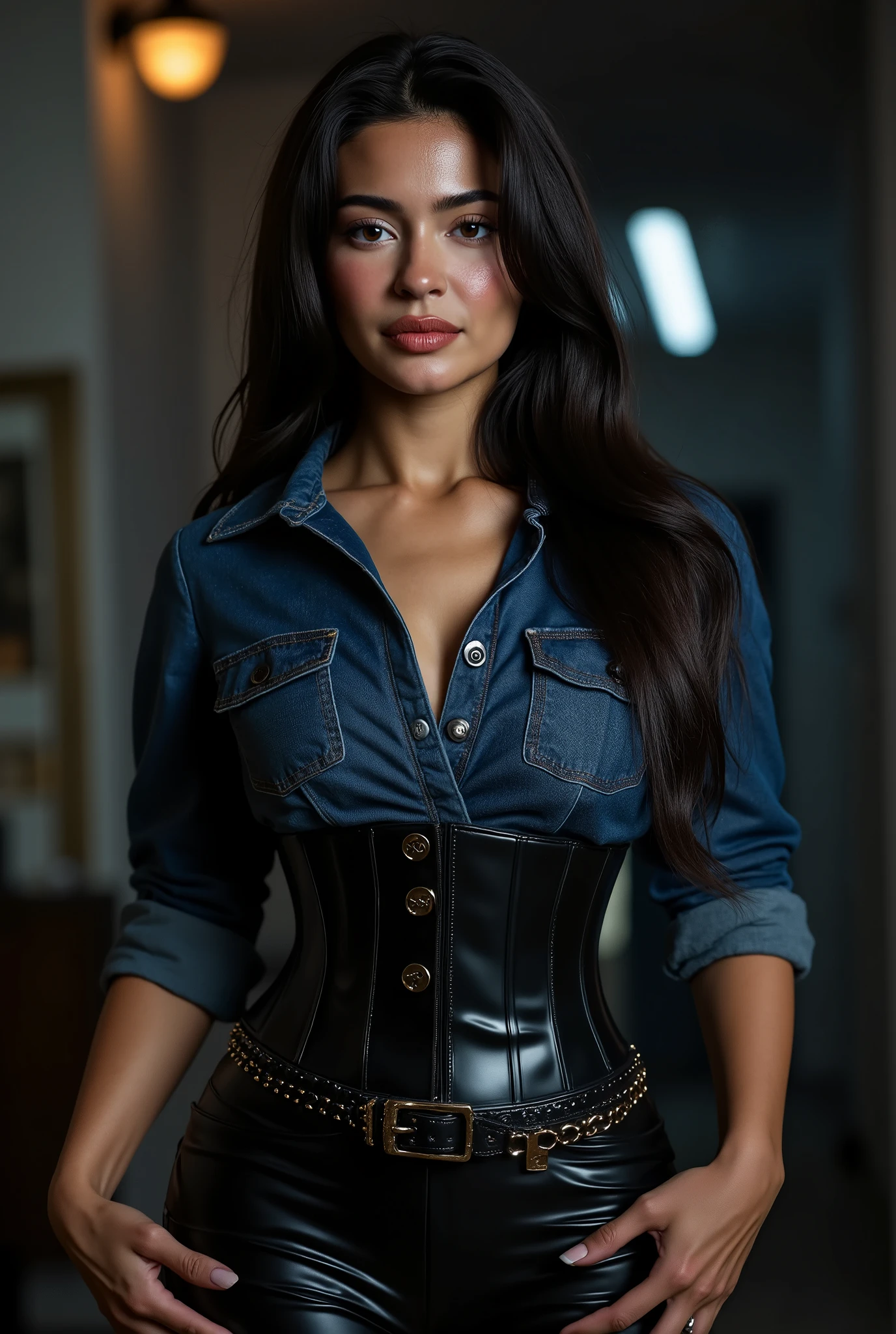 woman in a dark blue denim shirt paired with a tight corset and black leather pants. Buckled belt. She poses in a photo studio. The lights are towards her. It's very realistic. Portrait photo. beautiful eyes, long black hair, perfect hands, perfect quality, 8k, noise, 8k uhd, dslr, ultra high quality image, film grain, Fujifilm XT3,