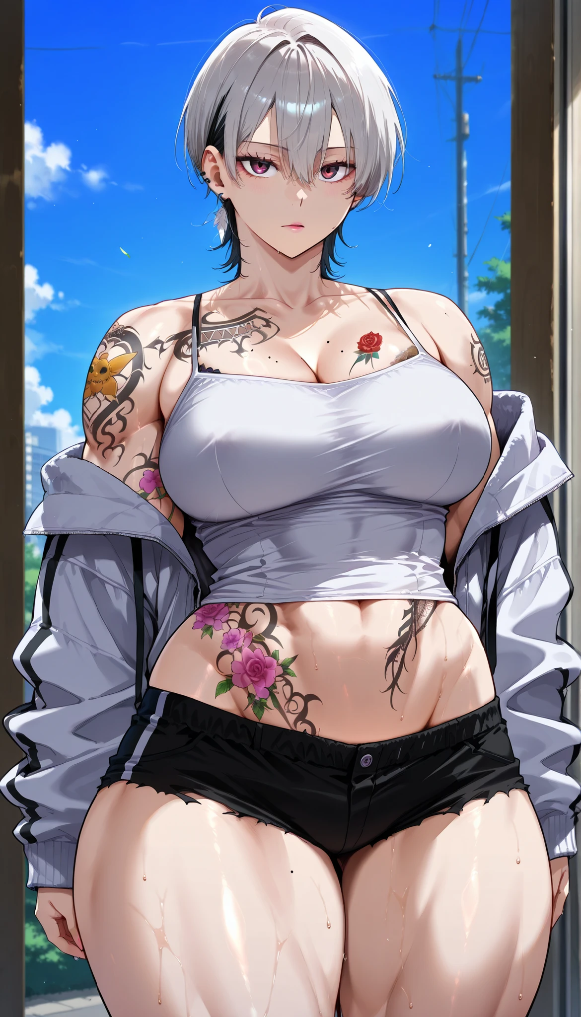 realistic, 1girl, Hinata, blue hair, big round breasts. slightly curvy body, slim body, sexy body, white skin, brown eyes, gwhite crop top, blue skirt, blush, evening, flowers, sun, sunshine