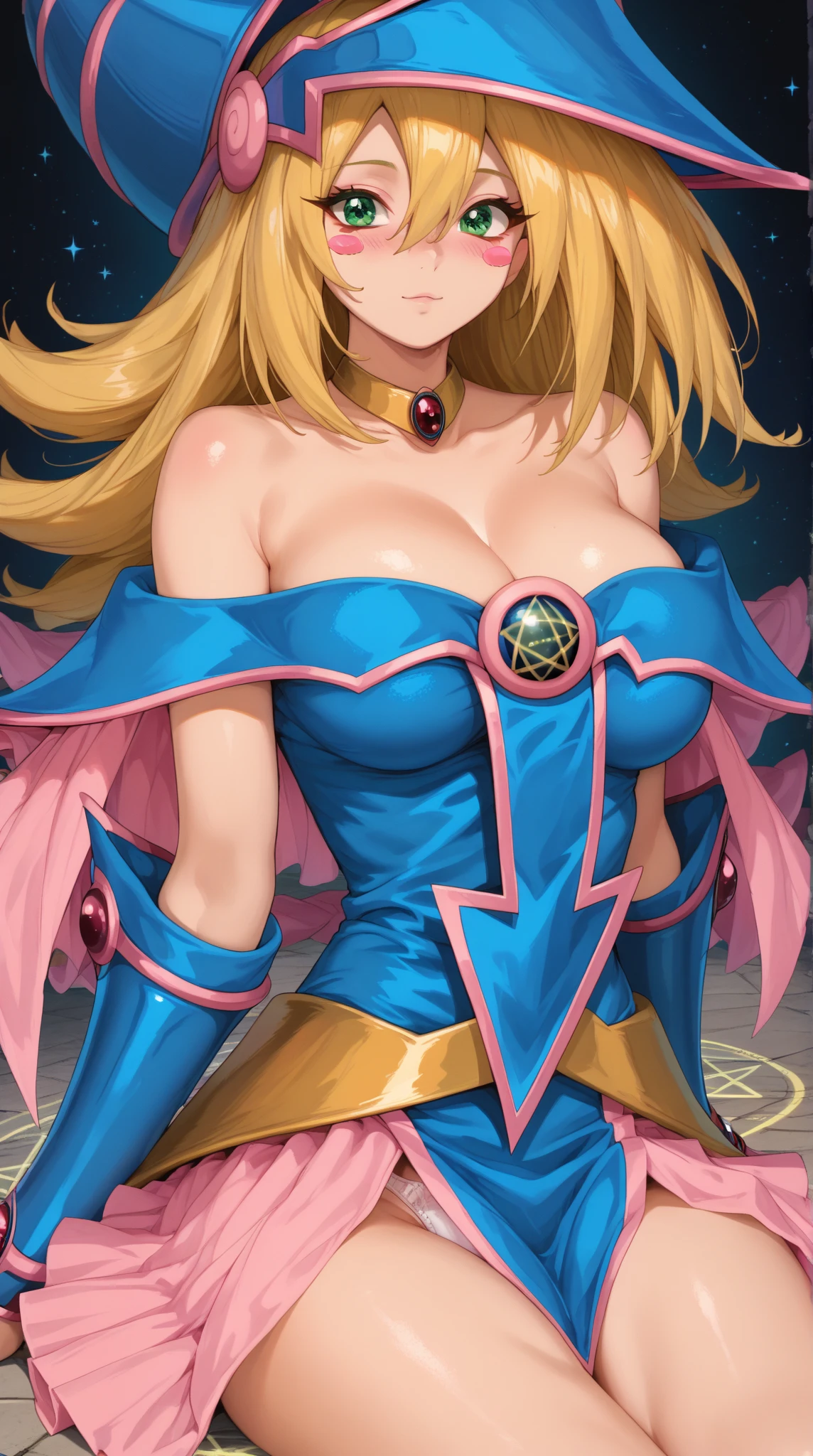ultra-detailed, extremely detailed, masterpiece, highest quality, best quality, absurdres, highres, dark magician girl, (1girl:1.2), solo, detailed face, dynamic pose, hair flow, (full body:1.1), blonde hair, long hair, looking at viewer, green eyes, skindentation, detailed skin, skin pores, (shiny skin, glossy skin:1.1), rosy skin details, gigantic breasts, nail polish, skirt, blue footwear, blue headwear, wizard hat, wand, holding hat, (blue panties:0.9), (summoning circle:1.1), hexagram, pentacle, pentagram, yu-gi-oh!, duel monster, purple magic field, glow, detailed background, intricate background, cleavage, 1boy, 1girl, (((vulgarity))), (hugebreasts :1.6), (cowgirl position), sit astride, (girl on top), (straddling), hetero, trembling, humid, (nipples), pov, (sex), penis, (largepenis), vaginal penis, (pussy juice), (spoken heart), breast focus,
