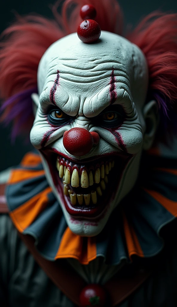 real photo, photorealistic, dark photo of a traditional scary clown, skull haed, 60yo, intricate hair detailes, insane realistic skin texture with pores, sharp focus, high contrast, bokeh, ((full body shot, full body portrait, full body view, focus on full body)),