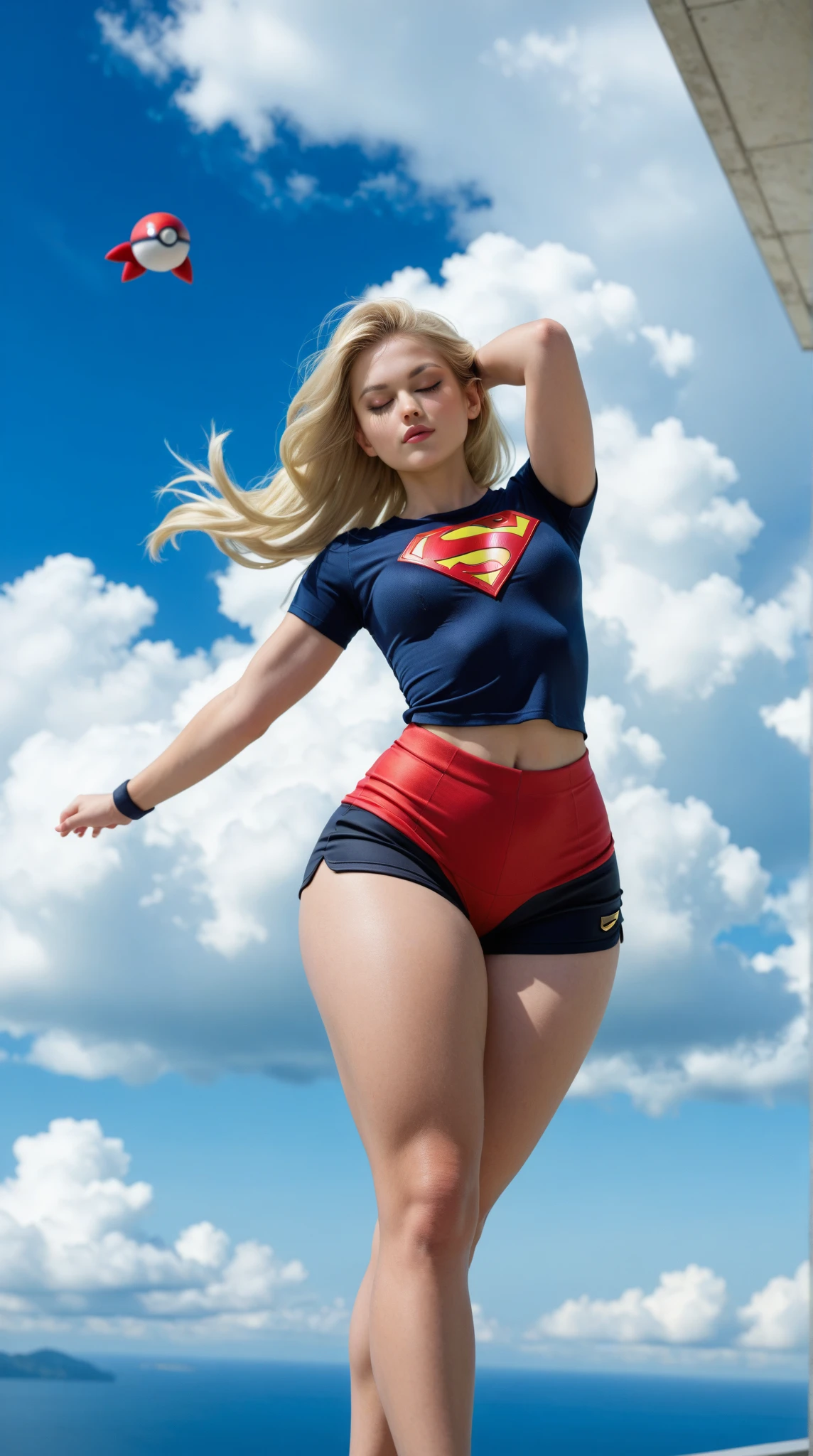 4k, realistic, charismatic, very detailed, there is a girl in the sky, dressed in a super girl costume, she is a super girl, superhero theme, blonde large hair, Extra long hair with bangs, 20 years, full body, (detail in the eyes), (detail in the face), incredibly beautiful, blue eyes, blush, makeup, red lipstick, miniskirt, (wide hips), (thick thighs), small breasts, dress,, seductive pose, (extreme hourglass figure), thin, svelte, white skirt, boots, tight t-shirt, ((pleated mini skirt))