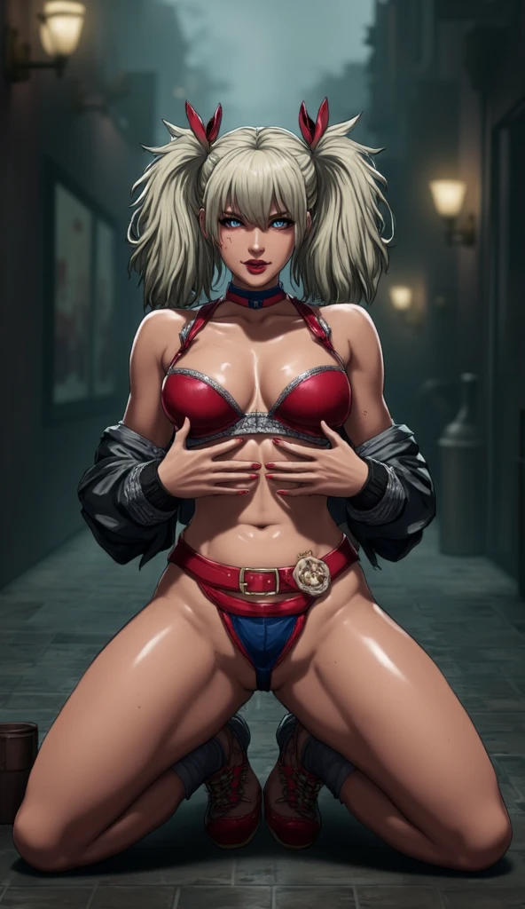 one girl, solo, portrait, Harley Quinn, choker, NSFW, abs, pale skin, white skin, small breasts, flat chest, open breasts, nude, without clothes, hairy pussy, pubic hair, masterpiece, highly detailed, look at viewer, sad face, black background, sitting on red chair, camera from the front