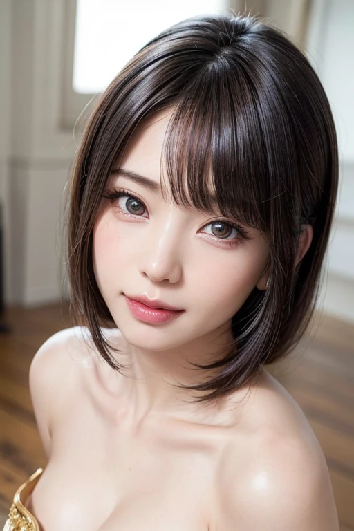 ((masterpiece, Highest quality, High resolution、Realisticですべてが美しく詳細に描かれている)), 1 person, (Realistic: 1.4), alone, White Background, snow-White Background, Mouth closed, smile, smile, Beautiful black hair, short hair, Big eyes, Transparent double eyelids, eyelash, Listen carefully, Long neck, 美しくLong neck, Put out your ears、Absolute area, ((Face close-up)), (Draw the whole head, shoulder), 1, Attractive proportions, Glowing Skin, Beautiful clavicle, Golden ratio face, Perfect Face, Teardrop-shaped mole, chestのほくろ, bangs, clean bangs, beautiful bangs, Lip gloss, Thin lips, Fair skin, naked, Big Breasts, {Huge|big|Hugeな|Mega} chest:2, chestの谷間:2,chestの谷間を見せる、Small face, Small face, All the heads are painted, shoulder all drawn, Point slightly above the camera