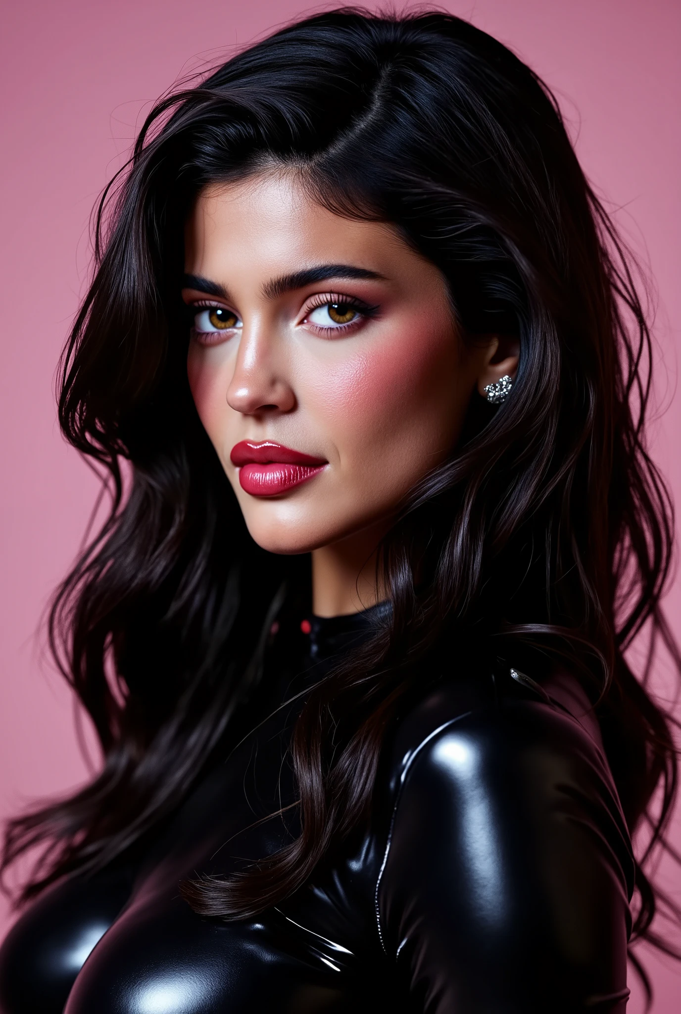 Kylie Jenner, long wavy black hair, latex blouse,spits on blouse,detailed eyes and face,ultra-detailed brunette hair,attractive appearance,confident gaze,longeyelashes,beauty,sexy,modern fashion style,black high heels,fashionable,wet blouse,shiny latex material,bright red lipstick,sharp focus,vivid colors,studio lighting