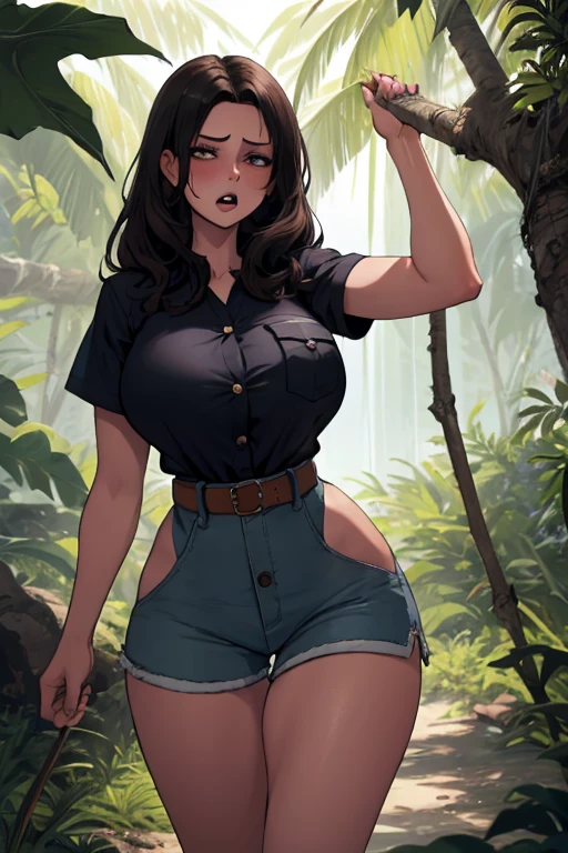 nsfw, masutepiece, Best Quality, High resolution, 1womanl, Red hair, bob cuts, Wavy Hair, Full body, Details Girl, detail hands, Detail fingers, Detail Face, detail legs, forest, Midnight, Darker, skin tanned, sleepy, Closed mouth, (Sweat), ((Clothed)), Loose Red camisole, Denim jeans, Blue hat, Short gloves, (Large breasts), large nipple, Stretching, ((erect Nipple)), Steam