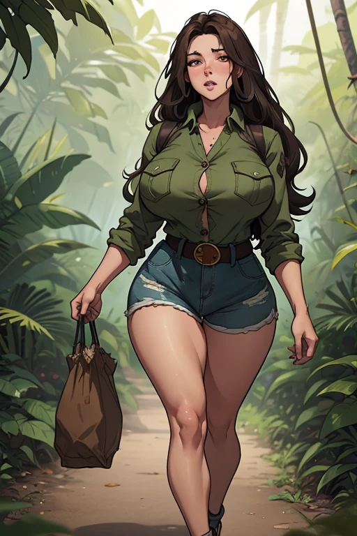 Mujer explorando la jungla, piel morena, cabello con trenzas color negro, ojos negros, cejas anchas, labios gruesos, mejillas delgadas con hoyuelos, large cheekbones, defined jaw and chin dimple, con sombrero de safari ingles, camisa blanca de tirantes sucia, coffee colored cargo pants, mud stained pants, botas militares, machete en mano cortando lianas, en escenario de ruinas en una jungla