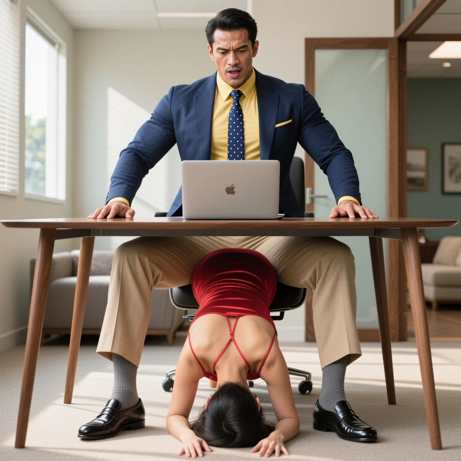 40 years old,Hidetoshi Nakata,(Kogoro Mori 1.3),Japanese,whole body,Lean,muscle,office,Kneeling,black,foot,White socks,Baldhead ,transparent,Thick body hair,underwear,Topless,Densely hairy,Fortitude,HD,With a mustache