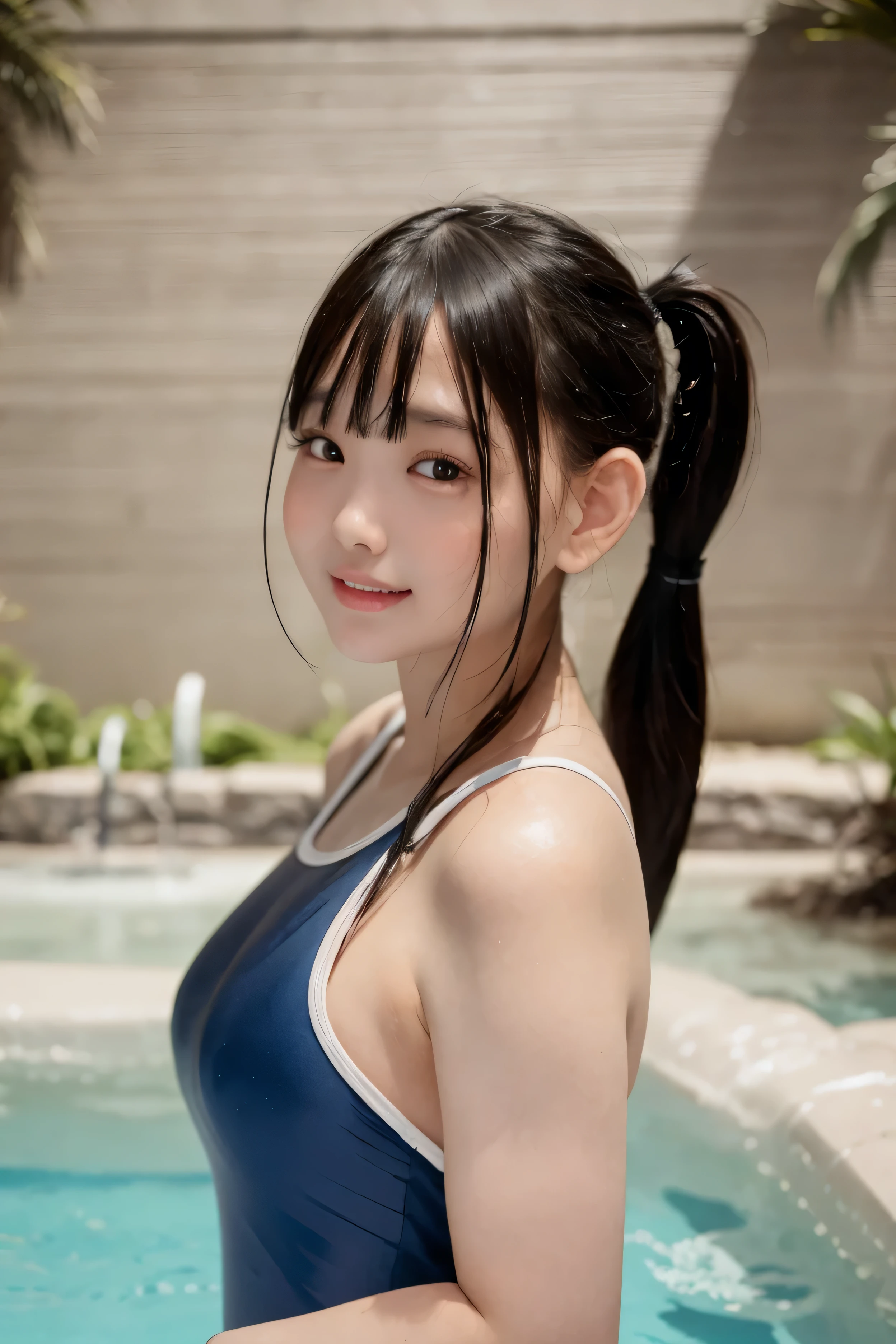 Standing by the pool with no one、Cute black hair、Young girl with twin tails、Japanese、Makeup and a pretty face like an idol、Smiling、Cute outfitini skirt、Full body portrait