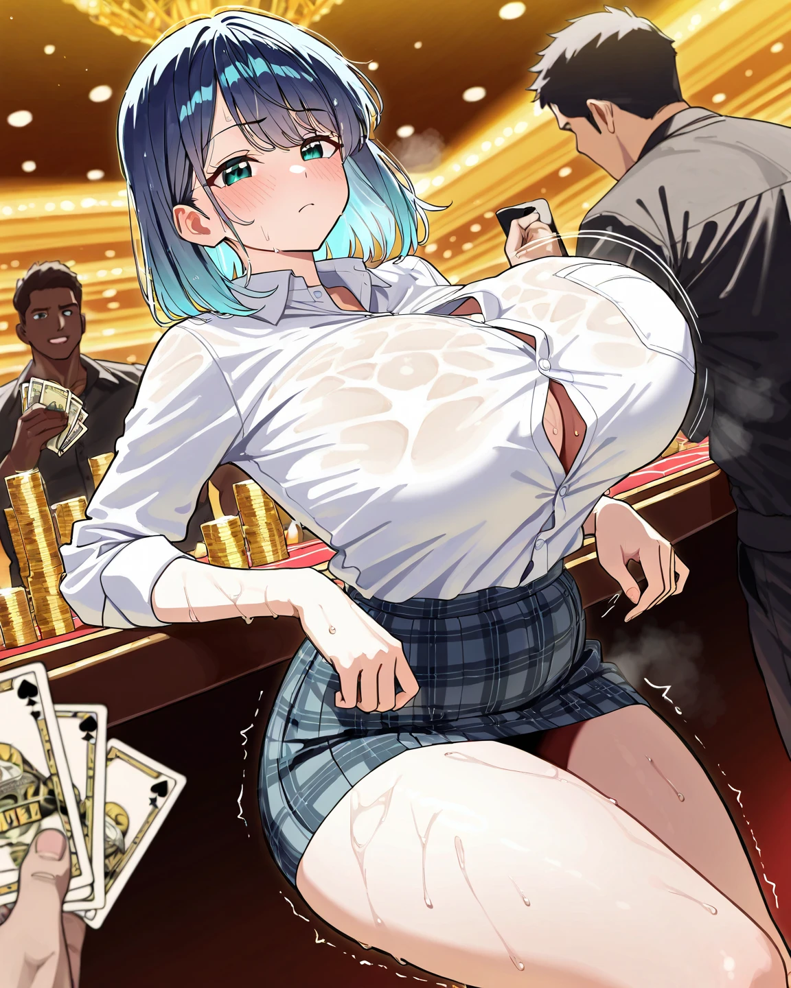 One Woman、casino、Chest Pose with Arms Together、大規模なcasino場、Trump between the breasts、dealer、女dealer、Large crowd、beautiful girl, Highest quality, Black Pantyhose、Black vest、casinodealer、Tight Skirt、panties under pantyhose、Spread your legs、Thick thighs、Big 、Big Ass、Short Hair、Sweaty body、Angle from directly below、Sweaty crotch、Take the cards out of your chest、Orgasmic face、Dirty sound effects、Ecstasy in a flashy way、目の前にLarge crowd、Put a playing card in your chest