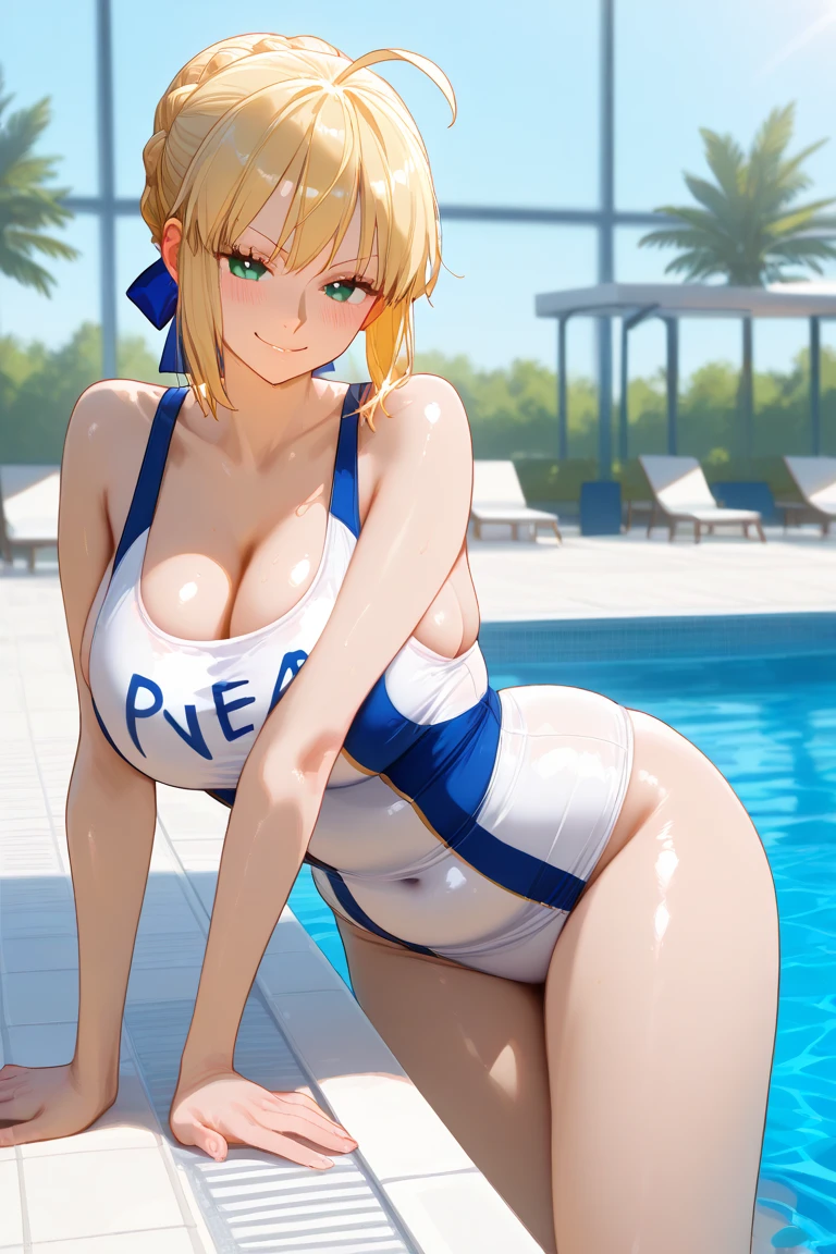 NSFW、artoria、Saber Altria、rich Boobs、Colossal tits、Chignonhair、a blond、Green eyes,adult lady、a matural female、(masutepiece、of the highest quality、Best Quality)、reallistic、Smile embarrassedly、Vegas Casinos、sexy swimwear、Revue swimwear、Swimwear with less fabric、Navel costume、neck tie、Sai High Knee Socks、Sleeveless、Erotic body shape、