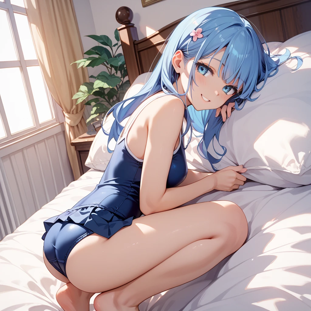 anime girl with light blue hair, Hair in a delicate blue tone, long hair, purple eyes, pony tail hair, sexy underwear dress, medium breats, mature factions, very aesthetic detail anime background bed room, lamp
