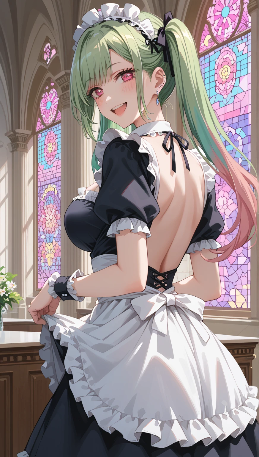 (isabe),(1girl),(pretty:1.5),(super hot:1.5),(white skin),(Long green hair and green eyes),(height 1.76),(pretty young woman),(super pretty 18 year old teenager),(Wearing),+,(\dressed as a maid, and maid's clothes and super revealing on the back, I lowered the short skirt a lot, showing the legs, and a little of the panties, and the part of the apron at the back of the skirt is very low, showing the delicious buttocks, and on the top of the maid uniform it looks like a very short and sexual bra, and she has a big ass and super big breasts, she is super busty and has really big buttocks)/