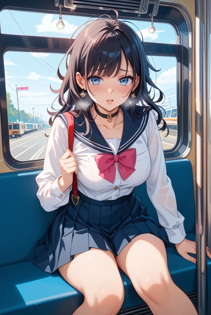 NSFW,4K,Gal:1.3,Anatomically correct,school uniform:1.3,A pure and innocent girl, Very cute face, Like an idol, (masterpiece:1.2), (high quality), panties, loose socks, Hip, Blue Skirt, alone, Blazer Type, loose socks, Lifting clothes, Brown eyes, pure gaze, mini skirt, Lift yourself up, Check skirt, blush,((Mid-chest)), (Sweating profusely), Long Hair, physical education, Beautiful legs, ((in the train))