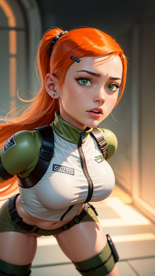 cute redhead woman in twin tails, multiple rainbow colored hair, sky-blue eyes, happy, Ukrainian, petite, pale skin, wearing a green metallic color bikini, post apocalyptic background, bleak barren desert, photo realistic woman. --auto