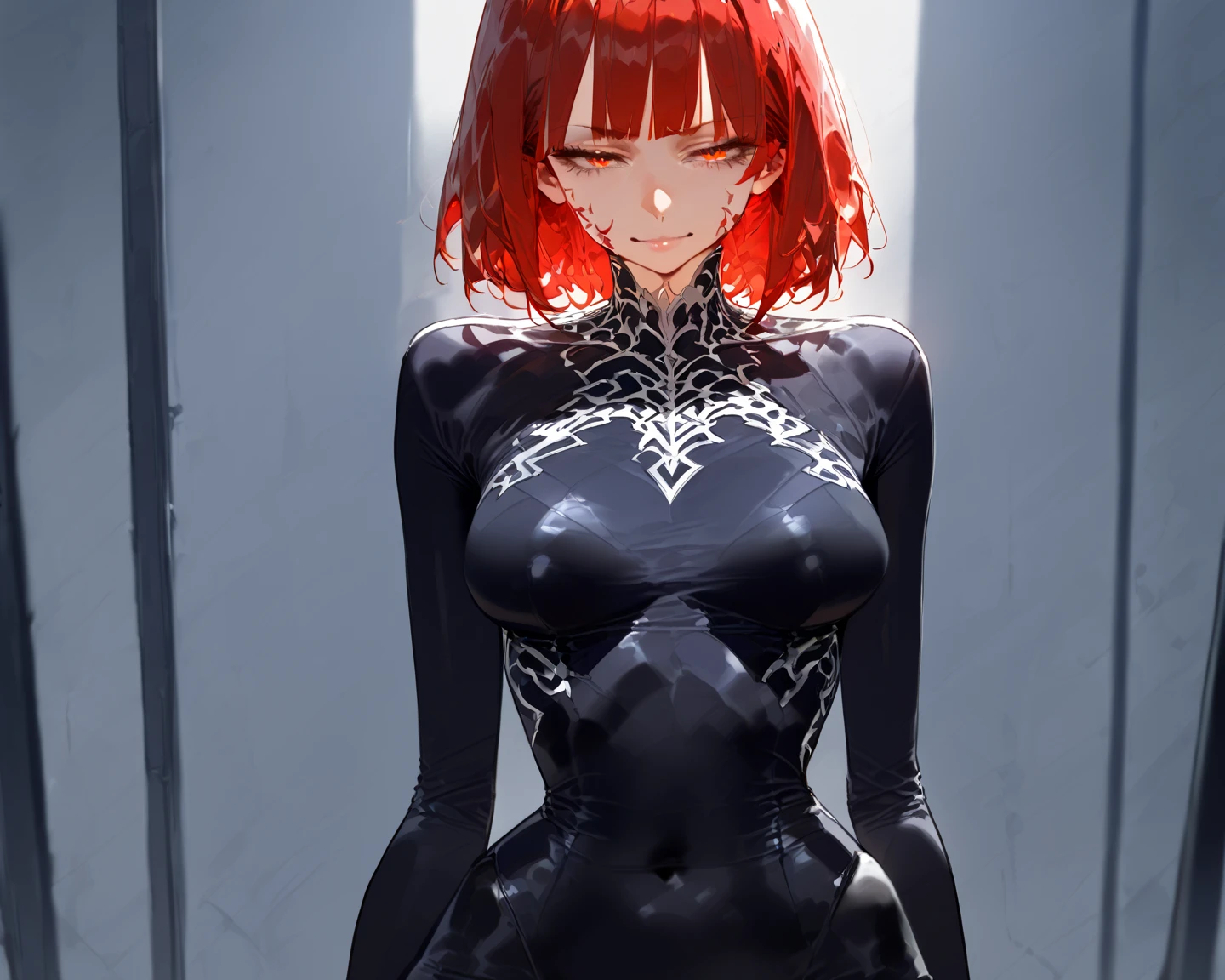 1girl,solo,super detailed skin,shiny skin,expressionless,red hair,short hair,bangs ,eyelashes,large breasts,ninja costume,kunoichi,vinyl black bodysuit,simple background,masterpiece,best quality,ultra detailed,high resolution,sharp focus,depth of field