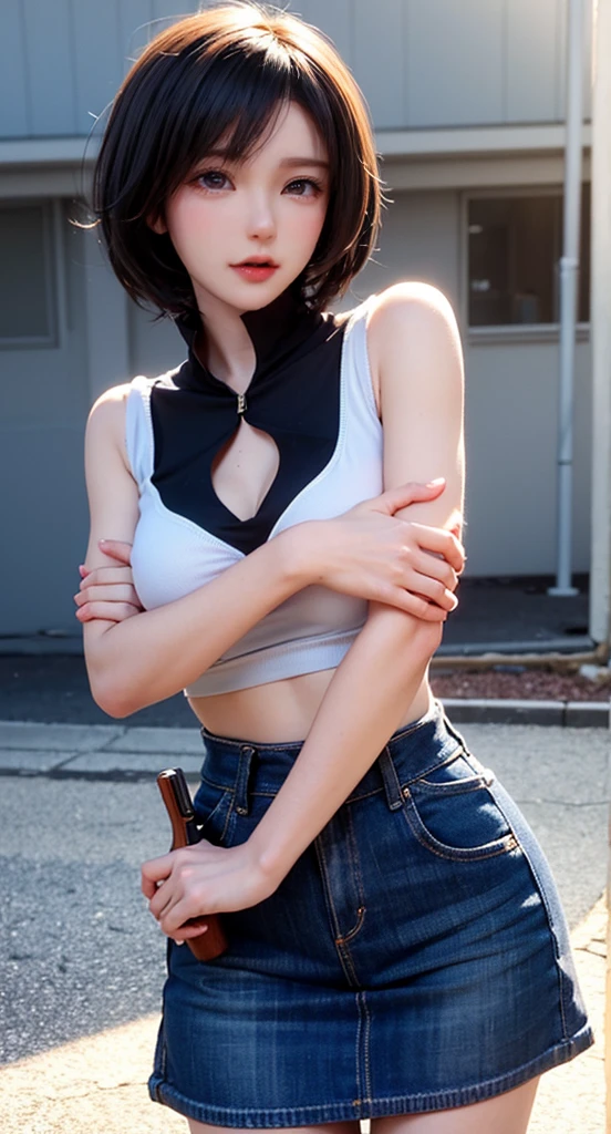 Cute girl, short dark green hair, yellow eyes, cat ears, smiling, cat collar, cat tail, large breasts, tank top, exposed belly, short pants, belt, white gloves
