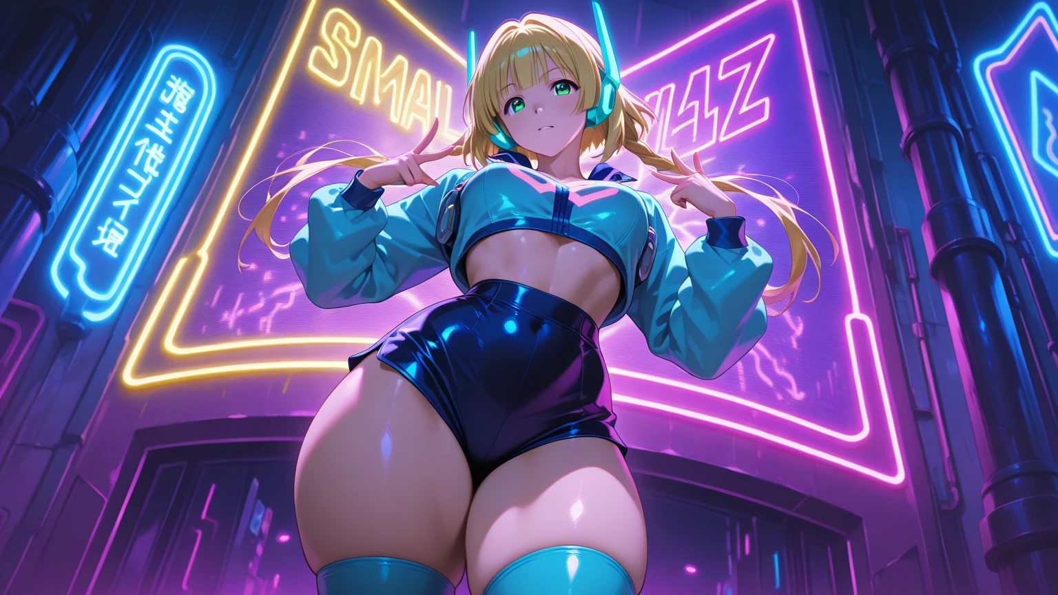 masterpiece, best quality, purah, red glasses, hair ornament, hair stick, red headband, bowtie, black leotard, black thighhighs, cowboy shot, large breasts, looking at viewer, smiling, casino