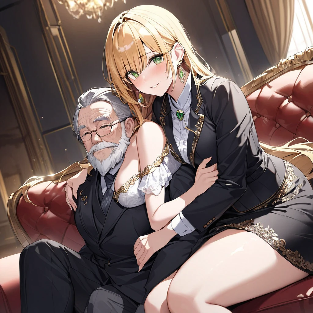 ((Highest quality)), ((masterpiece)), (detailed), （Perfect Face）、The woman is a thief with green eyes, medium-long blonde hair, and is wearing a luxurious black maternity dress with gold embroidery and trim, jeweled earrings, and an engagement ring.、The woman is sitting close to the man on a luxurious sofa in a luxurious room, the couple sitting side by side、The man is a dignified, bearded old man, extremely wealthy, wearing an expensive suit with lavish gold embroidery and trim, and wearing an engagement ring.、the woman is pregnant