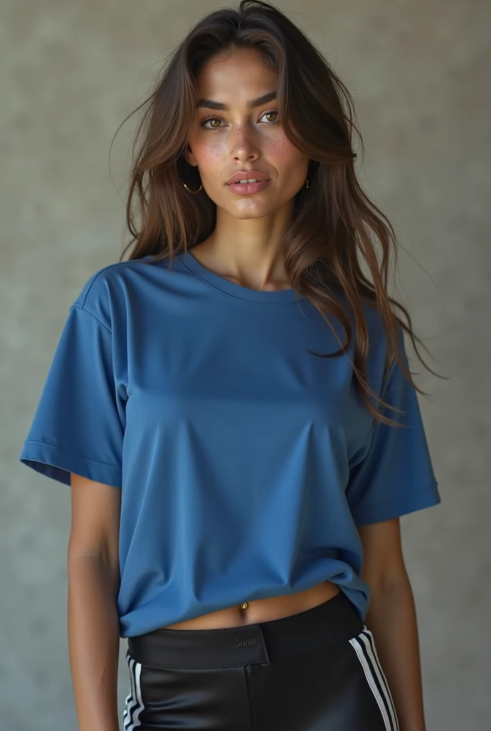 Beautiful woman standing in room wearing Tshirt of  colour code C9D7DD 