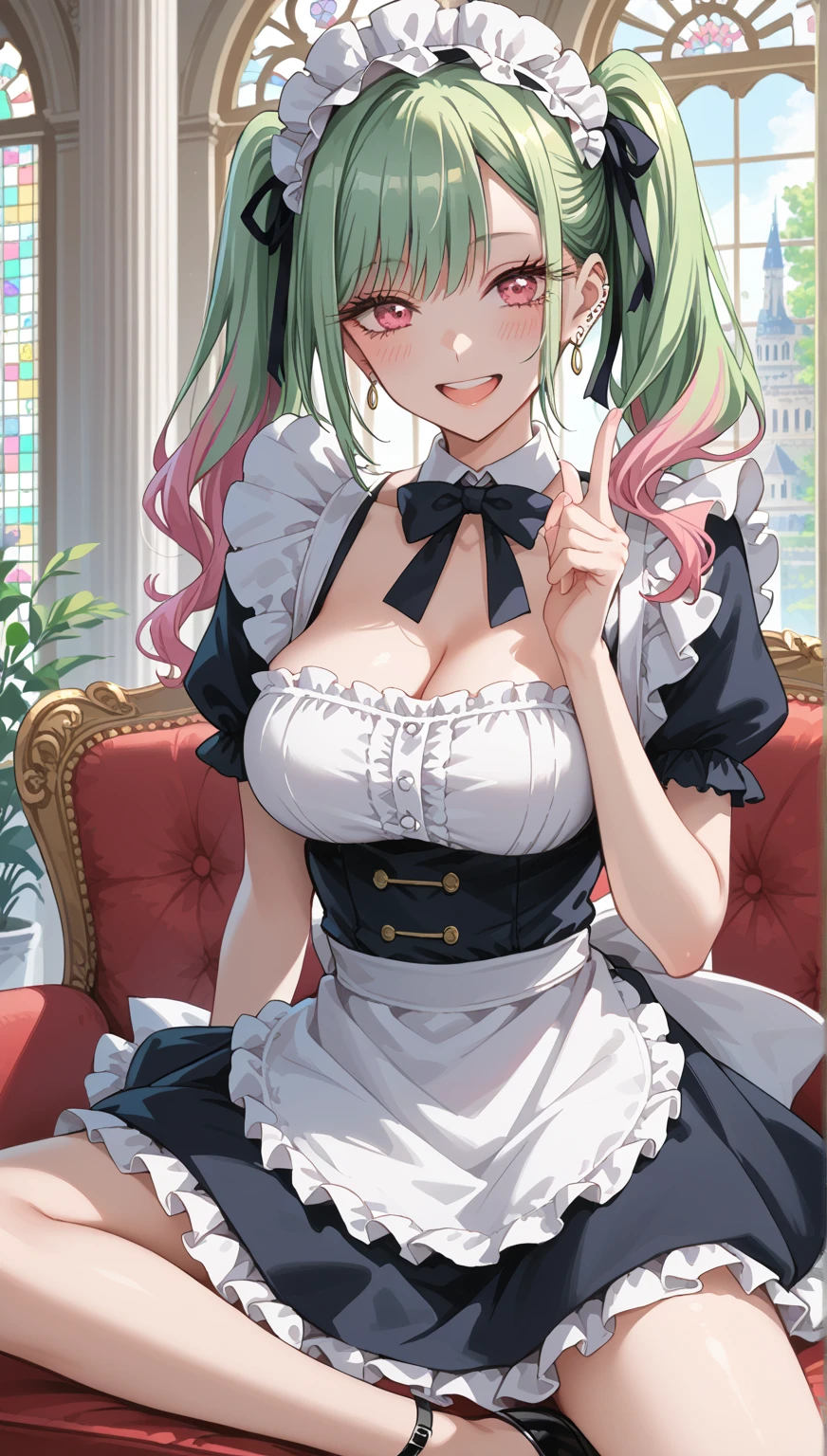 masterpiece,highest quality,(Super detailed),written boundary depth,perfect sentence, Detailed CG,Super detailed,(highly detailed eyes,very cute face,highly detailed face:1.3),beautiful anime girl,(solo girl:1.9),(super huge breasts:1.9),(pink hair,low twin tails:1.5),(light blue eyes:1.3),(smile full of joy:1.3),open your mouth,show viewer,break,(Japanese style maid,green kimono,ruffle apron:1.5),maid headdress,off shoulder,removable sleeve,bell ruffle sleeves,mini skirt,high socks,taisho roman,coffee shop,Kyoto background,Are standing,(Raise one hand to head height:1.5),(cowboy shot:1.3)