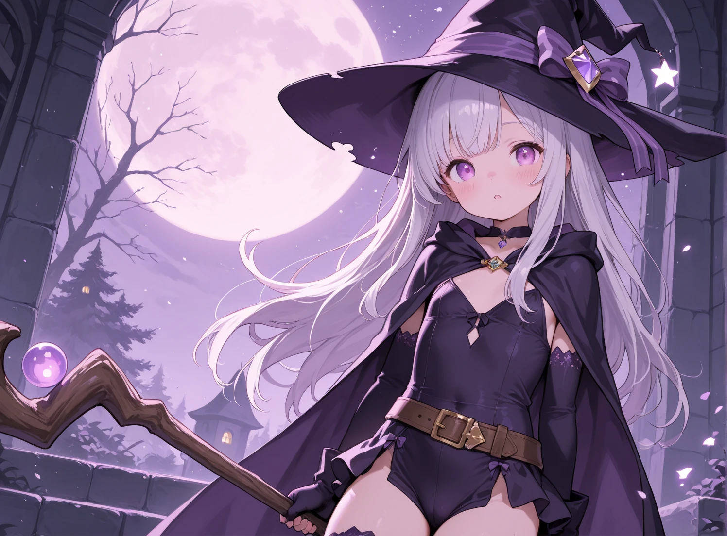 Anime girl with grey hair and black clothes holding a broom and in a forest next to a castle at night, alone girl, hat, solo, witch hat, blue eyes, moon, night, long hair, outdoor, sitting, tree, smiling, sky, full moon